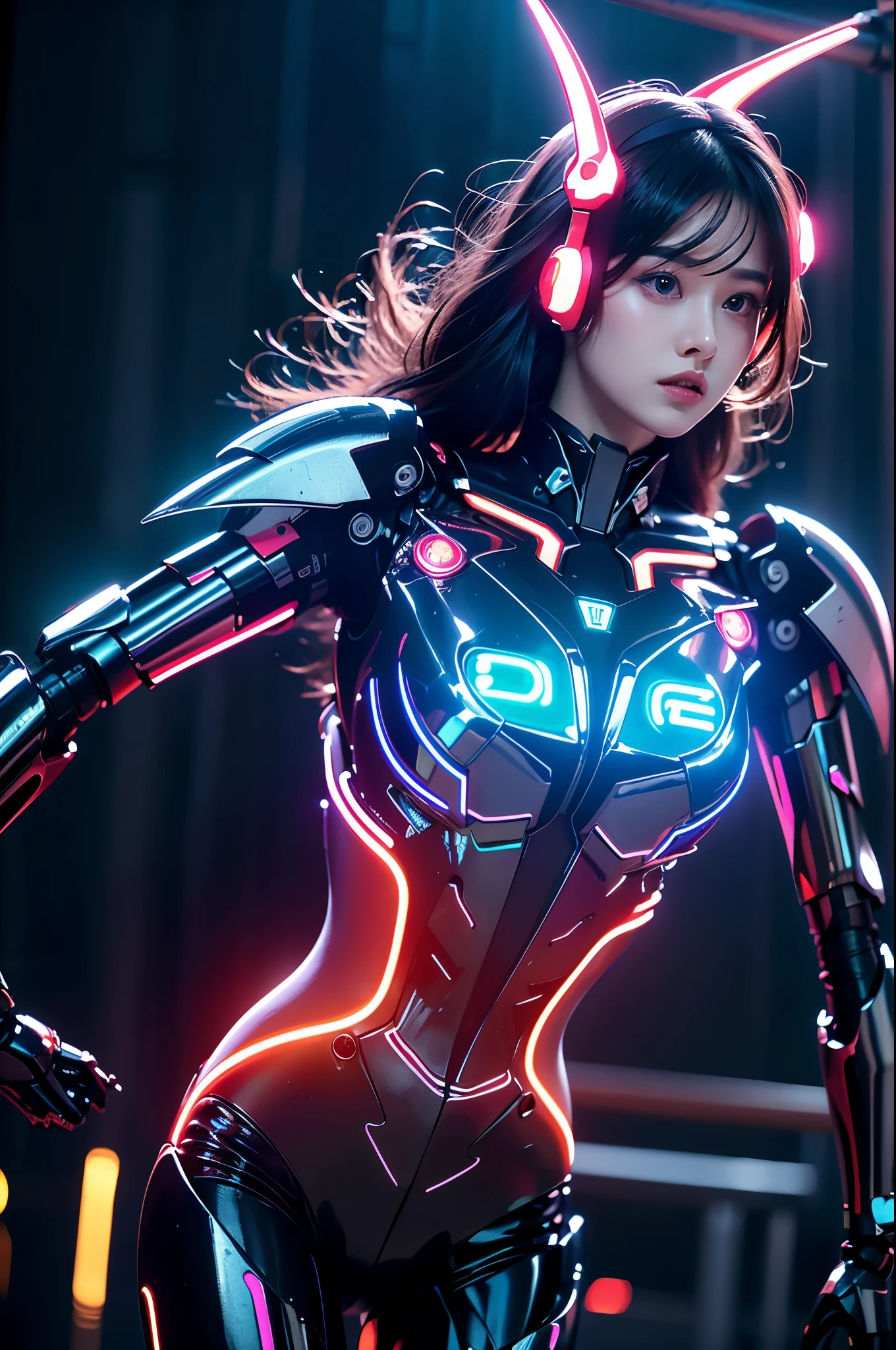 masterpiece, best quality,
1 Girl,Ives Girl,Mecha,Beautiful Lights,(Neon:1.2),(night:1.5),