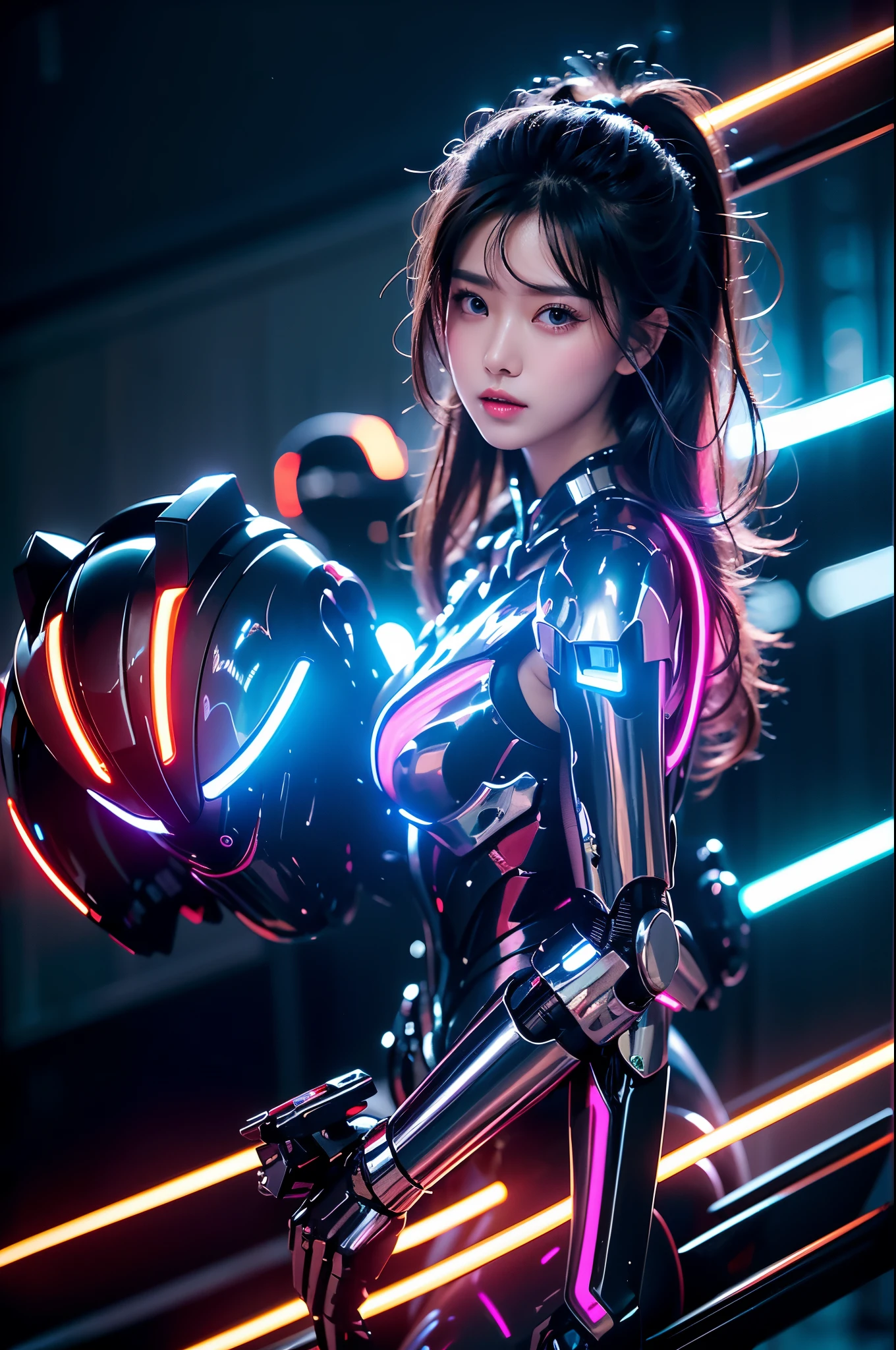 masterpiece, best quality,
1 Girl,Ives Girl,Mecha,Beautiful Lights,(Neon:1.2),(night:1.5),