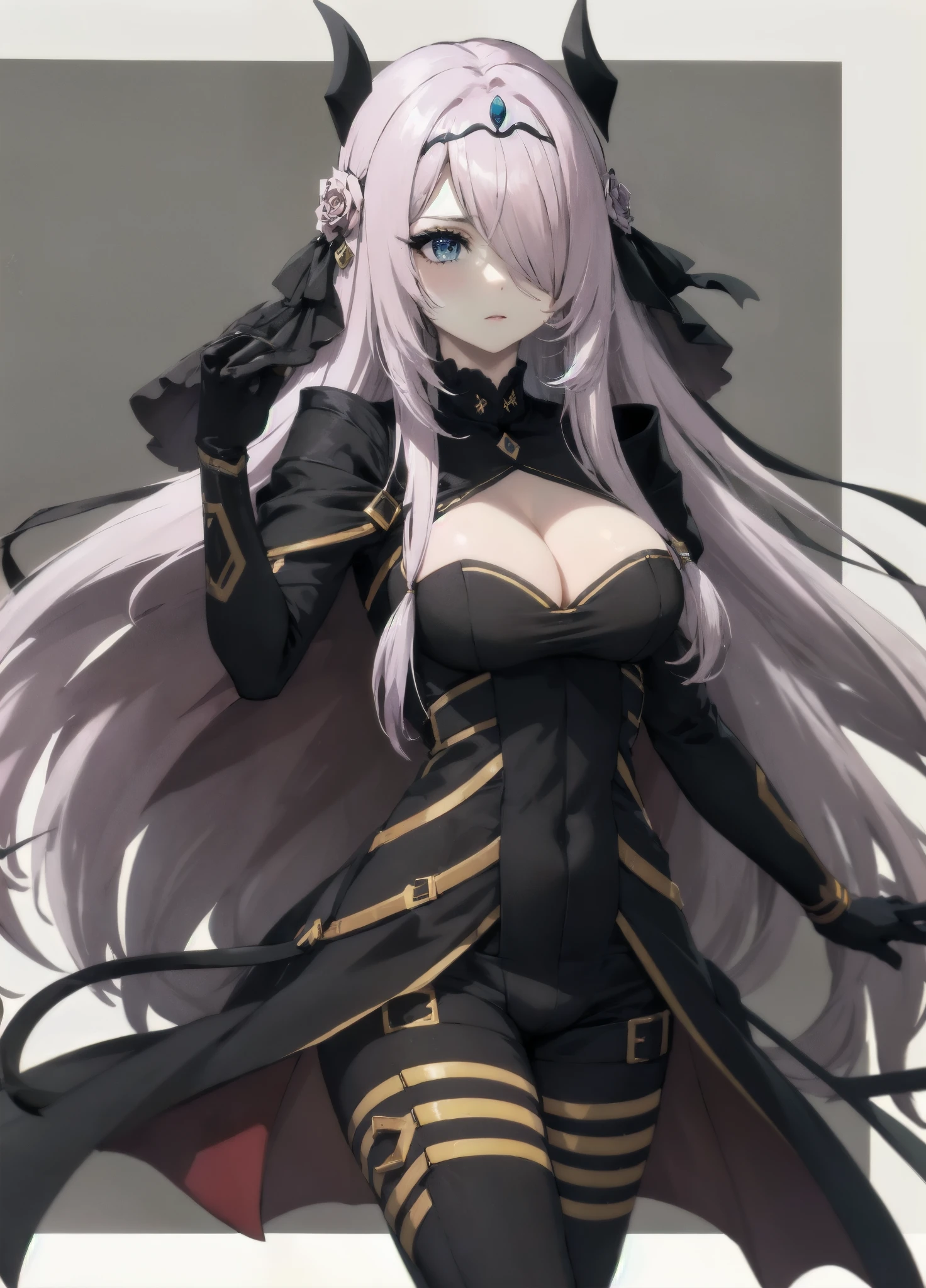 victoria horns, tiara, veil, black bodysuit, shoulder armor, long sleeves, cleavage cutout, black gloves, black overskirt, black pants
