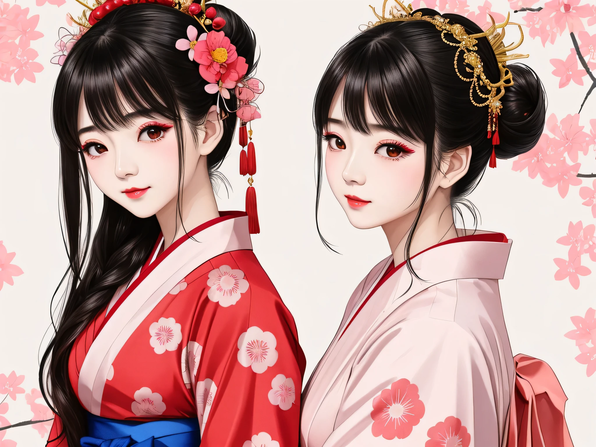 Each has a different expression2People and sisters、(2 girls)、⦅Dancing traditional performing arts gracefully)、((Big Breasts、Small Face、Not exposed))、highest quality、masterpiece、(Black Hair、Bun Hair)、Brown Eyes、⦅Wide angle、Angle from above, from the waist up、Pause on the magazine cover、Each person has a different perspective when looking into the distance⦆、(8K high quality、masterpiece、High resolution、Realistic and beautiful light and shadow、(highest quality)、(High Resolution)、(Very delicate and beautiful)、(Beautiful 8k face)、(Smiling and closing your eyes、Beautiful eyes)、(Clear skin)、(Soft hair)、(8Head to Body)、(A Japanese style yukata kimono with red, pink and orange floral patterns on a white background, interspersed with gold powder、wearing a yukata2Japanese beautiful girl)、((Tanabata decoration background))、((Small Face))、(arms up)、Thin and small nose、(Red lipstick)、(Make your cheeks red)、(Glossy skin)、((Ink painting style))、Very thin eyebrows、Overall ultra-high image quality、(She is wearing maiko-style makeup.)、Whitening、Long and beautiful eyelashes、Glowing Skin、(Red cheeks),Straight nose、masterpiece、highest quality、whole body、 Eyebrows visible through hair、Bun Hair、Grin、Gal、Kogal、Viewer's Eyes、Plaid、Stylish、woman、fine、Pause、
Waiting to start
