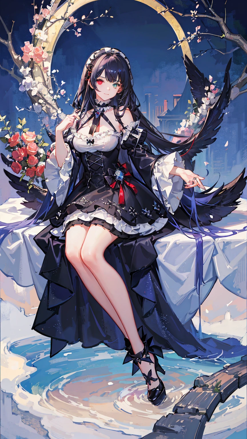 1girl,in the ruin,silent smile,nail polish,beautiful illustration ,(heterochromia,red eye,blue eye),platform shoes,(big breasts),beautiful face,deep blue long hair,Gothic and ta,in the night,moolight,best quality, high quality, (masterpiece:1.3), HD,4K,8K,anatomically correct