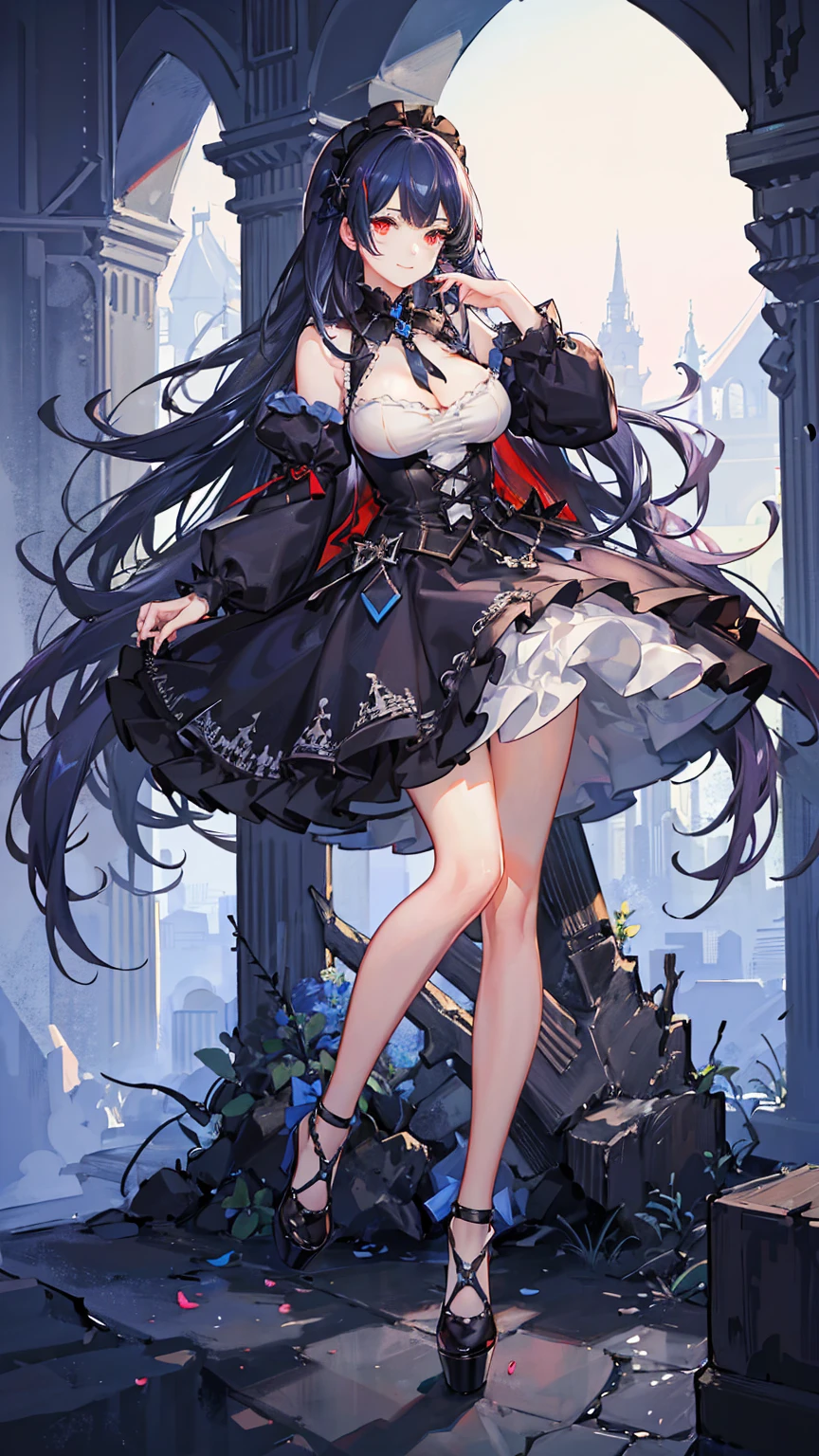 {{{{masterpiece}}}},{{best quality}},{{official art}},{{extremely detailed cg unity 8k wallpaper}},{{{artbook}}},1girl,black hair,blue eyes,twintails,black dress,tachi-e,{{{{full body}}}},cleavage,{{High heel}},white background,solo,small chest,{{standing}},serious,bright pupils,cute face,just a girl