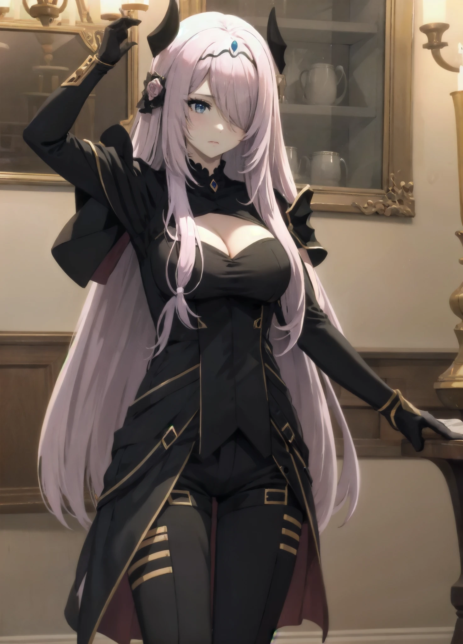 victoria horns, tiara, veil, black bodysuit, shoulder armor, long sleeves, cleavage cutout, black gloves, black overskirt, black pants