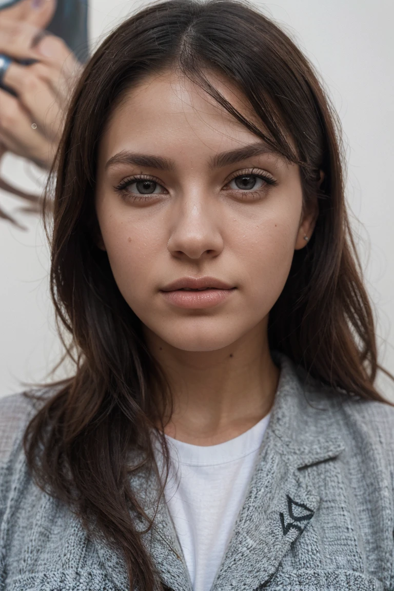 best quality, ultra-detailed, realistic:1.37), professional, beautiful detailed eyes, beautiful detailed lips, detailed facial features, natural skin tones, perfect skin texture, delicate facial expressions, image in high resolution, (Janette), 18yo, (an Afrikaner street art enthusiast), full body shot, pose in front of white surface. Her trendy urban outfit complements the colorful artwork, showcasing her appreciation for street art culture. The high-resolution image captures the intricate details of Janette's eyes, lips, and facial features, emphasizing her passion for urban art and self-expression.