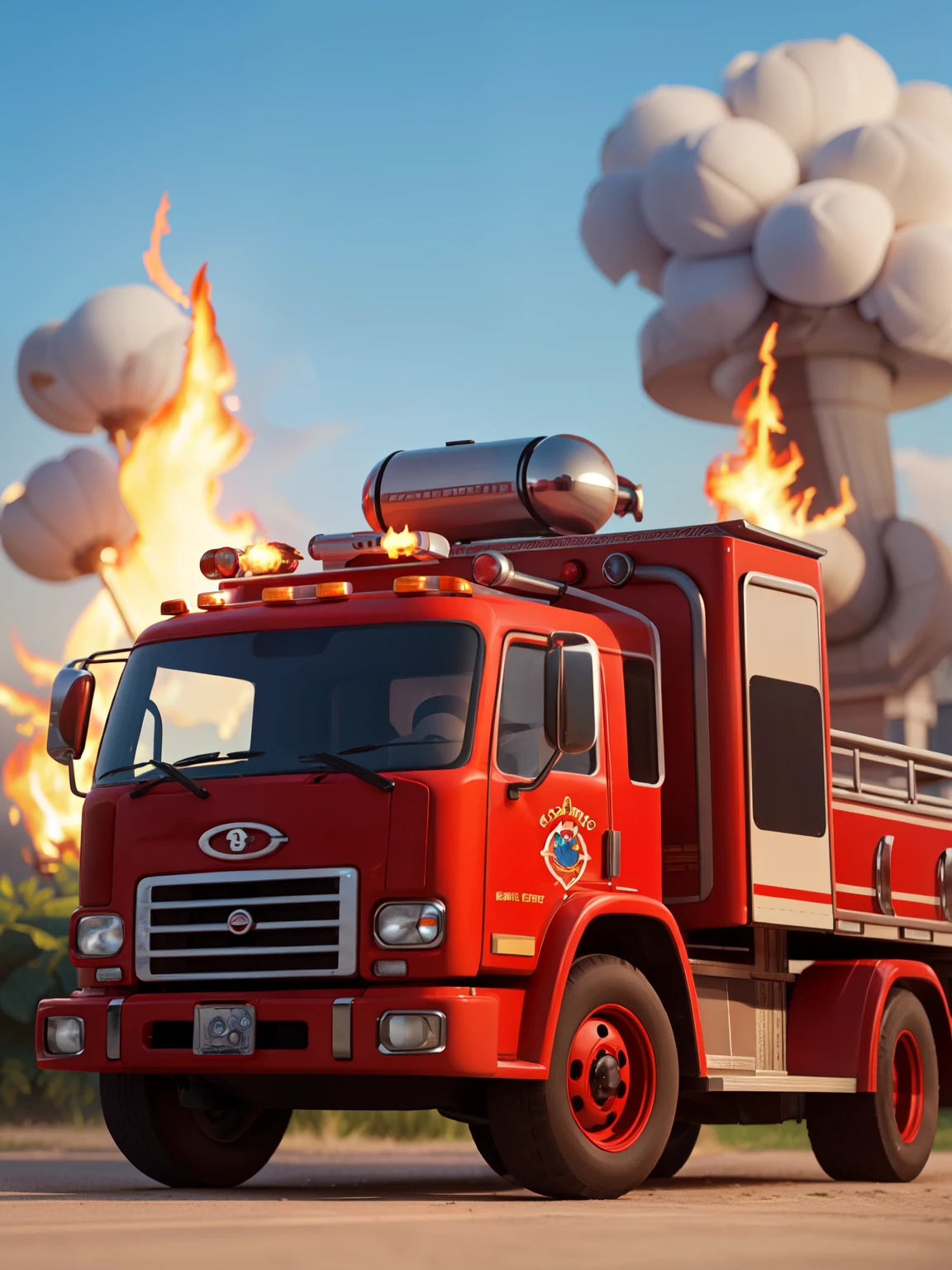 front view of a cute cartoon fire truck, no humans