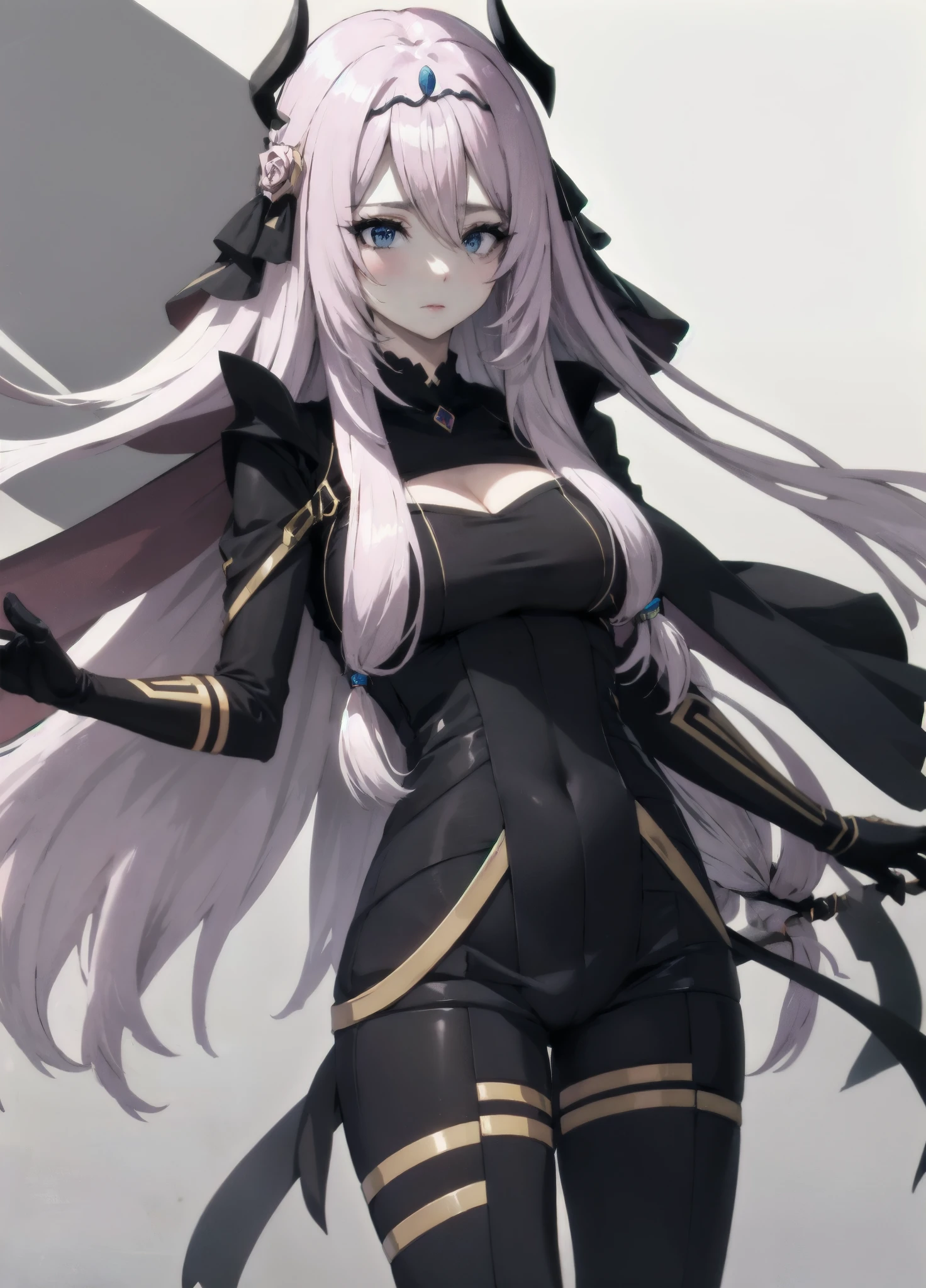 victoria horns, tiara, veil, black bodysuit, shoulder armor, long sleeves, cleavage cutout, black gloves, black overskirt, black pants
