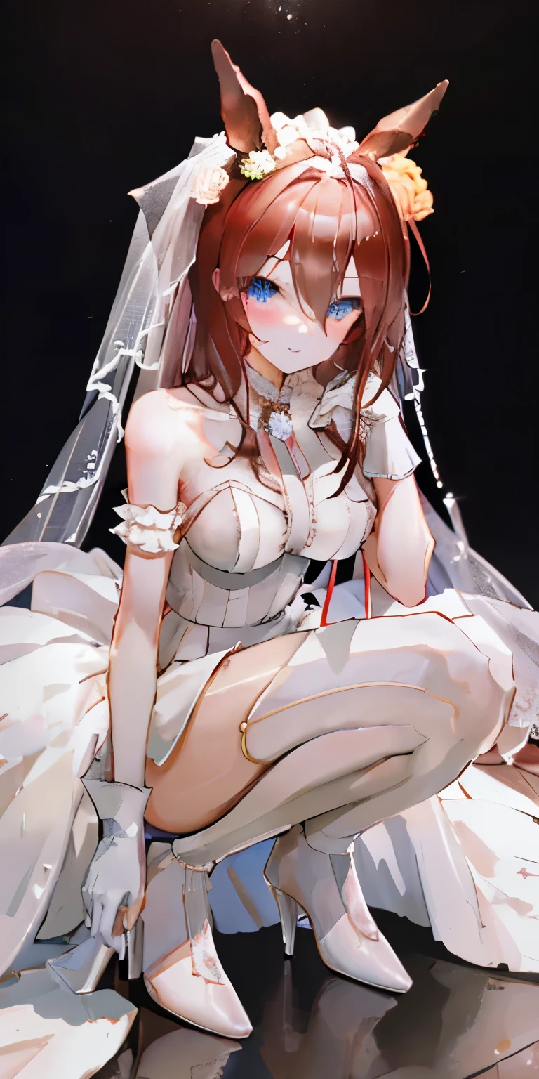 Ultra-fine face, masterpiece, best quality, Upper Body, Smile, Brown long hair，on stage, skirt, Ponytail,White Wedding Dress，Squat，（Squatting on the ground），（Squatting on the ground），Horse ears，Horse girl ears，Red roses decoration，（White Wedding Dress），Many red roses decoration，White Wedding Dress，White Wedding Dress,White hollow wedding dress，largest breasts, largest breasts, ，Show your belly button，Show your belly button，Healthy waist curve，Perfect body，Small waist，Perfect waist muscle lines，complexion，Gasping for air，Sweat珠，Sweat，White suspenders，Lace,((wedding dress))，Elbow-length white silk gloves，Elbow-length white silk gloves，（Thigh muscle details），（White suspenders），((Show your thighs))，((Beautiful thigh line details))，((White zona pellucida))，((White crystal high heels))，((White crystal high heels))