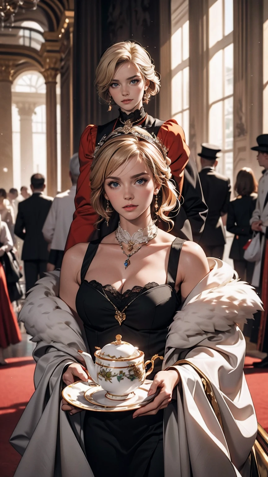 ((最high quality, 8K, masterpiece: 1.3, Ultra HD, high quality, 最high quality, High resolution, realism)) 、Marie Antoinette、Inside the Palace of Versailles in France、Enjoy tea time in a luxurious room