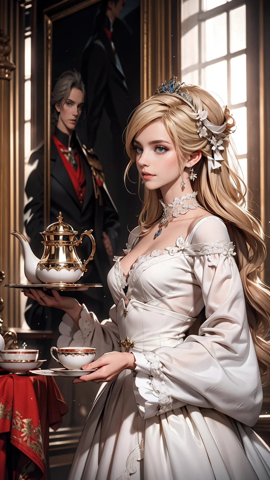 ((最high quality, 8K, masterpiece: 1.3, Ultra HD, high quality, 最high quality, High resolution, realism)) 、Marie Antoinette、Inside the Palace of Versailles in France、Enjoy tea time in a luxurious room
