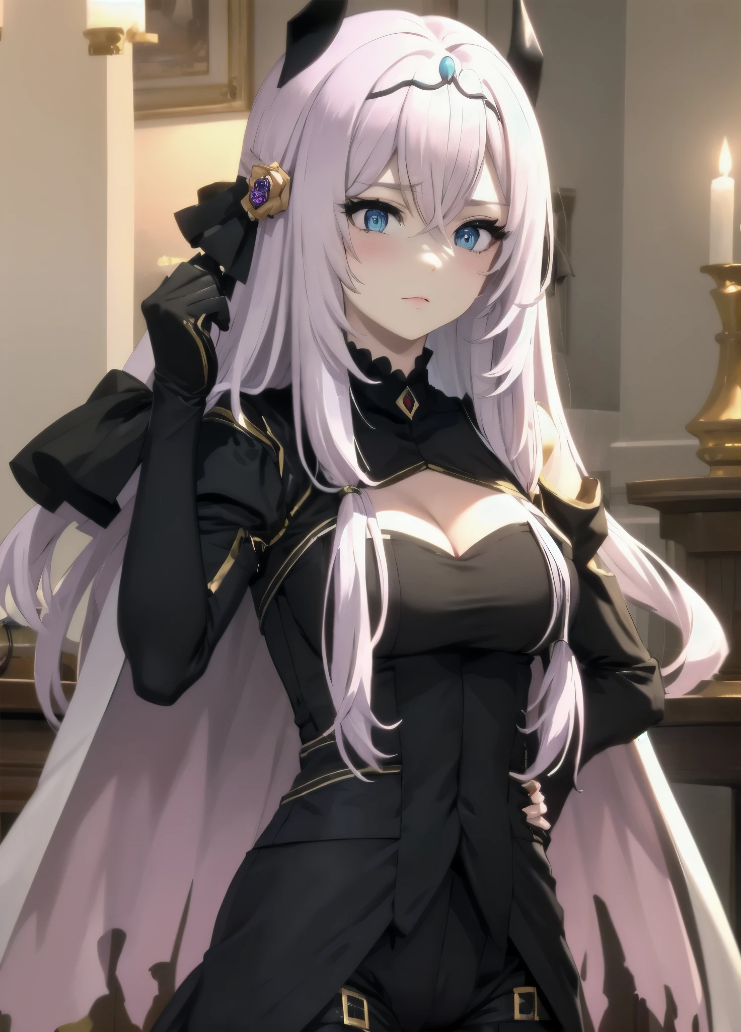 victoria horns, tiara, veil, black bodysuit, shoulder armor, long sleeves, cleavage cutout, black gloves, black overskirt, black pants