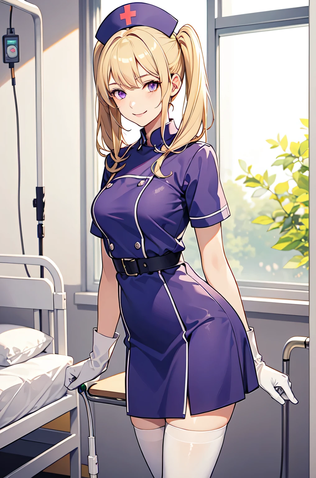 1woman, solo, nurse, nurse cap, white wear, ((white legwear, zettai ryouiki)), white gloves, blonde hair, blue eyes, pink lips, smile, standing, ((hospital room)), sharp outline, short sleeves, mature female, 35 years old, best quality, masterpiece