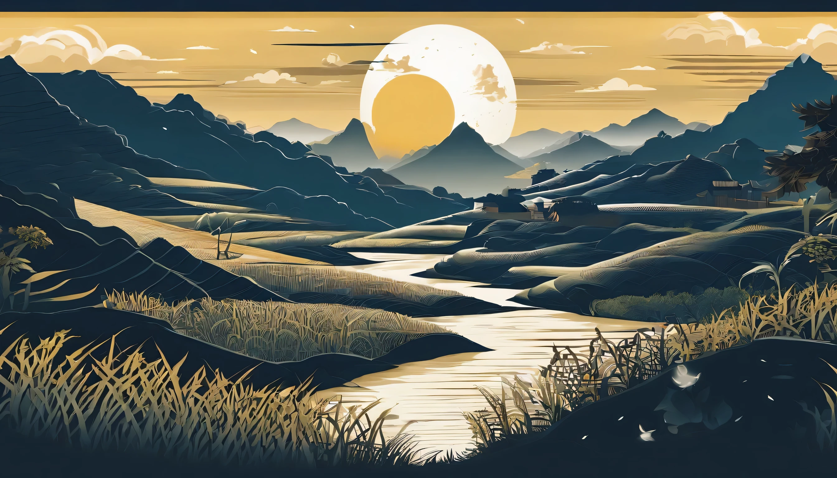 Rice fields in the dark,Chinese country style,A long ditch,On both sides are golden rice fields,There is a reflection of the moon in the ditch,Clear night sky,A small number of clouds,Huge Moon,Clear full moon,Photo-realistic landscapes,angurakei,32kuhd,villagecore,Golden,Ultra-clear realism,Ultra-high-definition picture quality,8K resolution。
