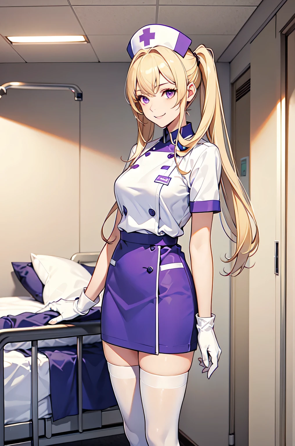 1girl, solo, nurse, nurse cap, white nurse uniform, ((white legwear, zettai ryouiki)), white gloves, twintails, yellow hair, purple eyes, smile, standing, ((hospital room)), sharp outline, short sleeves, best quality, masterpiece