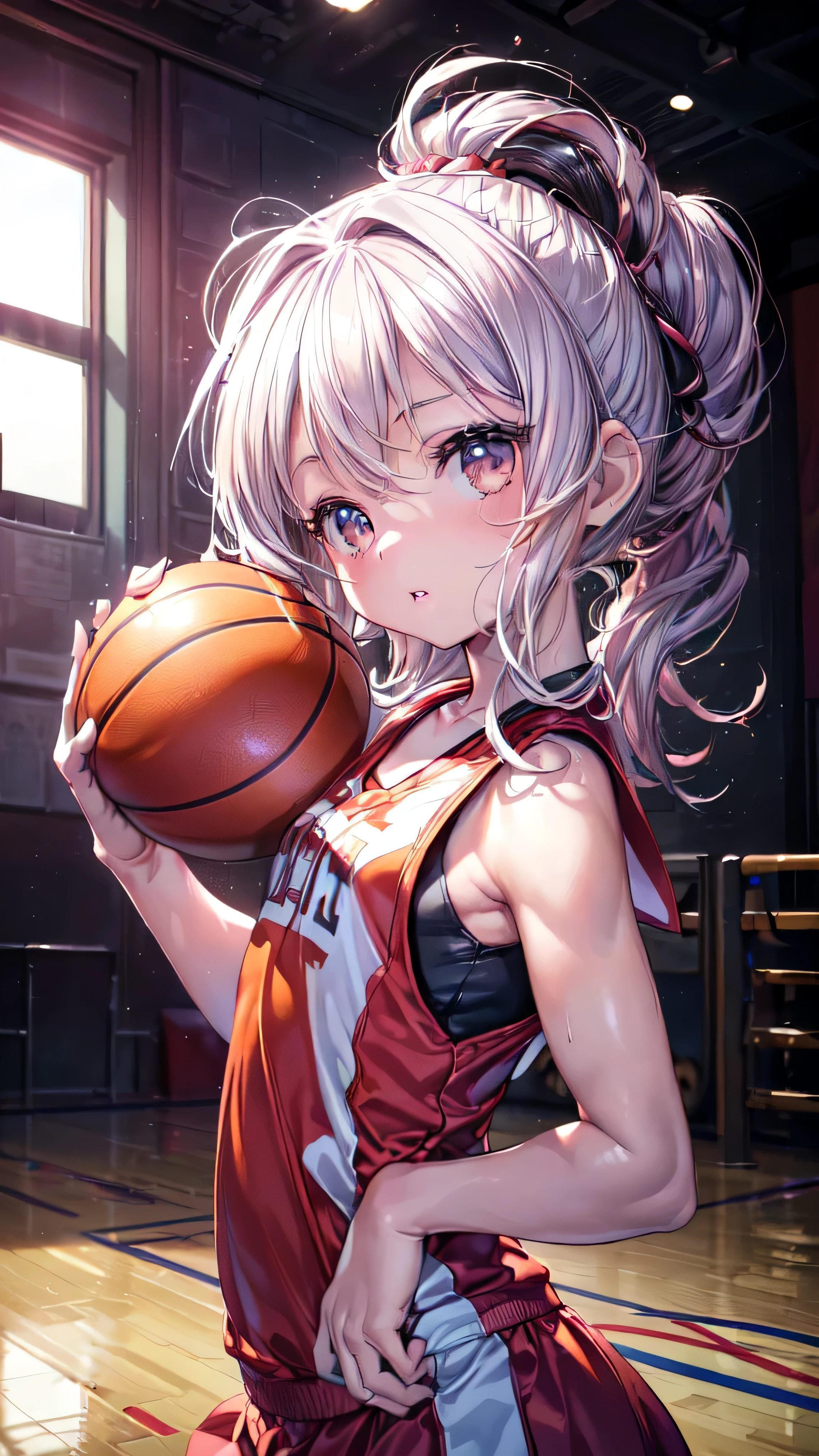 (Ultra-high resolution of the highest quality, masutepiece, Best Quality, 8K, Super Detail, Best Quality:1.3), (1 girl:2), (looks like 7 years smallbody:2), (tiny body:2), (Loli:2), (Child:2), (flatt:1.3), (petite body:2), (basketball uniform:1.4), Extremely cute, amazing face and eyes beautiful nice smile), (extremely detailed beautiful face), bright and shiny lips, (Best Quality:1.4), (hyper quality), (Ultra-detailed), (Hyper-realistic, Photorealsitic:1.37), Authentic skin texture, intricate-detail, extremely detailed CG unified 8k wallpaper, RAW Photos, professional photograpy, Cinematic lighting, Exposing, basketball court, play basketball