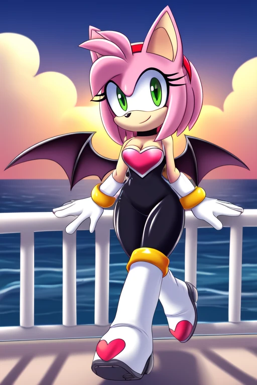 Amy Rose, (Rouge the Bat Cosplay), 1girl, solo, smile, green eyes, red hairband, bob hair, sky, outdoors, cloud, pink hair, sunset, bare shoulders, animal nose, black rubber bodysuit, pink heart on chest, cleavage, white gloves, white knee-high boots, bat wings, hill and ocean background, balcony, upper body, walking, arms at side.