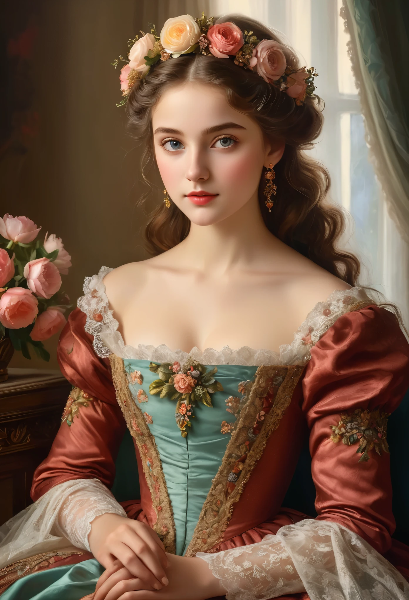 Portrait of a Beautiful -yeld Gen Girl in 19th Century Munich 

medium: oil painting
beautiful detailed eyes, beautiful detailed lips, extremely detailed eyes and face, long eyelashes
chestnut brown hair in elaborate curls, styled with a delicate floral hair accessory
elegant and ornate dress in vibrant colors, adorned with delicate lace and embroidery
perfectly manicured hands holding a bouquet of fresh flowers
soft and glowing skin, with a healthy rosy complexion
subtle expression of youthful innocence and curiosity in her eyes
graceful posture and gentle smile, radiating timeless charm
faint sunlight gently filtering through a window, casting a warm glow on her face
impeccable attention to lighting and shading, emphasizing the girl's natural beauty
rich and vibrant color palette, capturing the elegance and opulence of 19th century Munich
subtle brushstrokes and fine details, showcasing the artist's skill and mastery of the medium
(masterpiece:1.2), ultra-detailed, (photorealistic:1.37), HDR, UHD, professional
classic portrait style, reminiscent of the great masters of the era
overall warm and inviting atmosphere, transporting the viewer to a bygone era