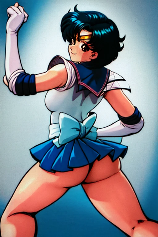 masterpiece, best quality, beautiful art, high resolution, well formed hands, body and fingers, 1 woman, solo, Sailor Mercury , adult, grown up , big breasted, cleavage, full body, wearing a Iroha Samurai Shodown outfit, hair ornament, gorgeous legs and thighs, black stockings, maid, sexy Japanese clothes, pelvic curtain, leotard peeking, sexy sailor senshi uniform, blue skirt lifted, long elbow gloves, sailor collar, dancing seductively and erotically, turning backwards and forwards , showing her back and front, showing her butt, t back, smiling joyfully, looking at the viewer, flirting, beach environment , biting her lips