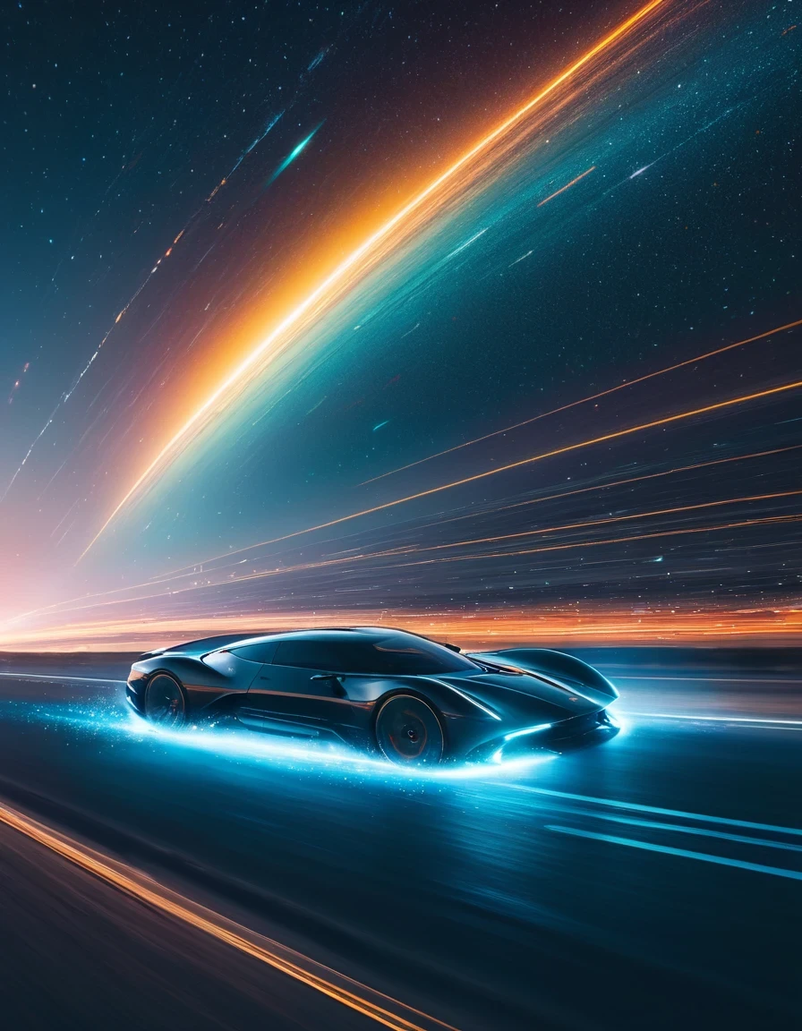 Motion Blur,Very detailed, high quality, masterpiece, fair, Motion trajectory, Motion trajectory, Magnificent futuristic universe starry sky,A car flies faster than the speed of light from the center of the screen,Car body afterimage,(Taillight afterimage:1.3), Dynamic light and shadow, Slight afterimage,author:Beeple Mike Winkelmann