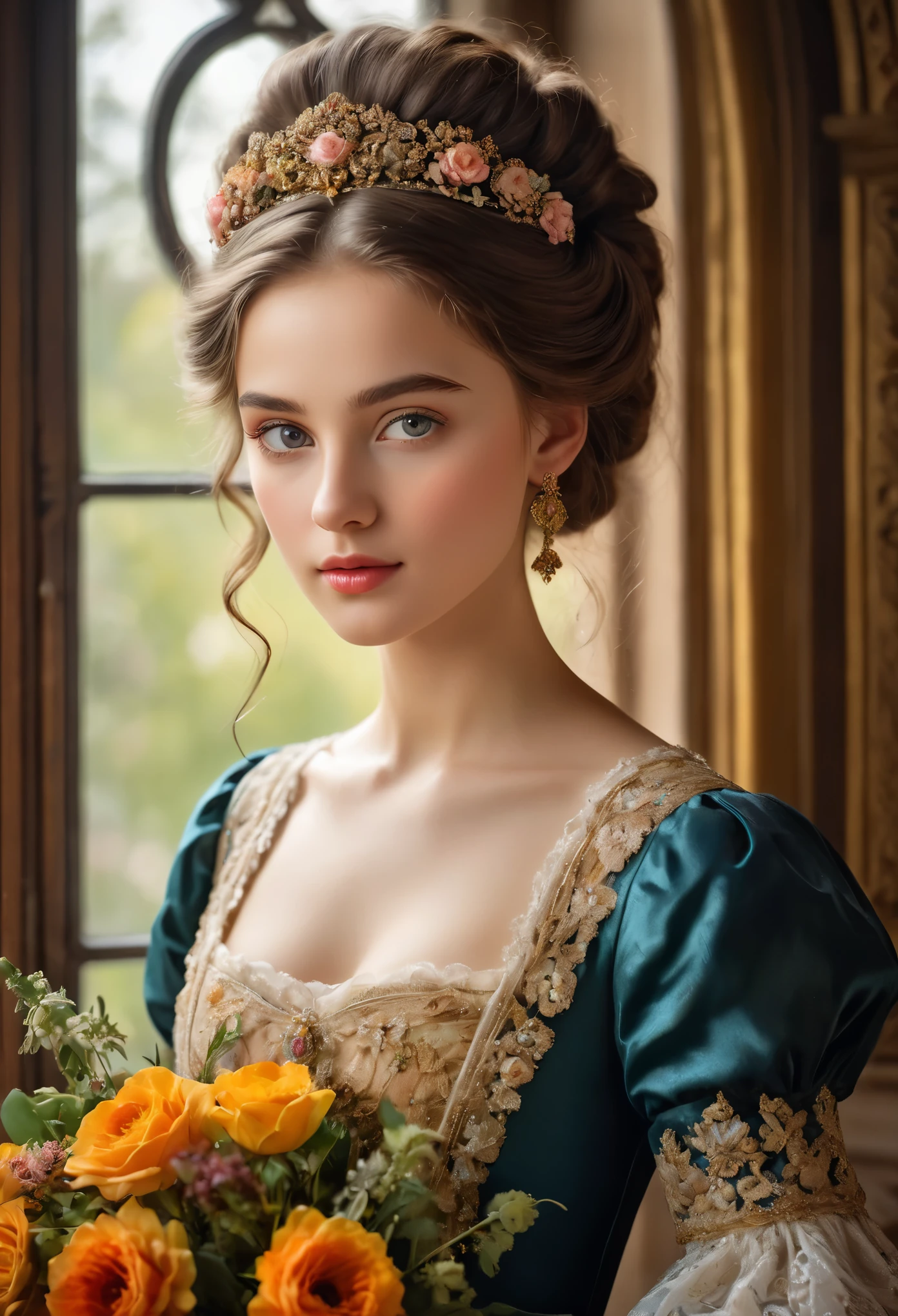 Portrait of a Beautiful 16-year-old German Girl in 19th Century Munich 

medium: oil painting
beautiful detailed eyes, beautiful detailed lips, extremely detailed eyes and face, long eyelashes
chestnut brown hair in elaborate curls, styled with a delicate floral hair accessory
elegant and ornate dress in vibrant colors, adorned with delicate lace and embroidery
perfectly manicured hands holding a bouquet of fresh flowers
soft and glowing skin, with a healthy rosy complexion
subtle expression of youthful innocence and curiosity in her eyes
graceful posture and gentle smile, radiating timeless charm
faint sunlight gently filtering through a window, casting a warm glow on her face
impeccable attention to lighting and shading, emphasizing the girl's natural beauty
rich and vibrant color palette, capturing the elegance and opulence of 19th century Munich
subtle brushstrokes and fine details, showcasing the artist's skill and mastery of the medium
(masterpiece:1.2), ultra-detailed, (photorealistic:1.37), HDR, UHD, professional
classic portrait style, reminiscent of the great masters of the era
overall warm and inviting atmosphere, transporting the viewer to a bygone era