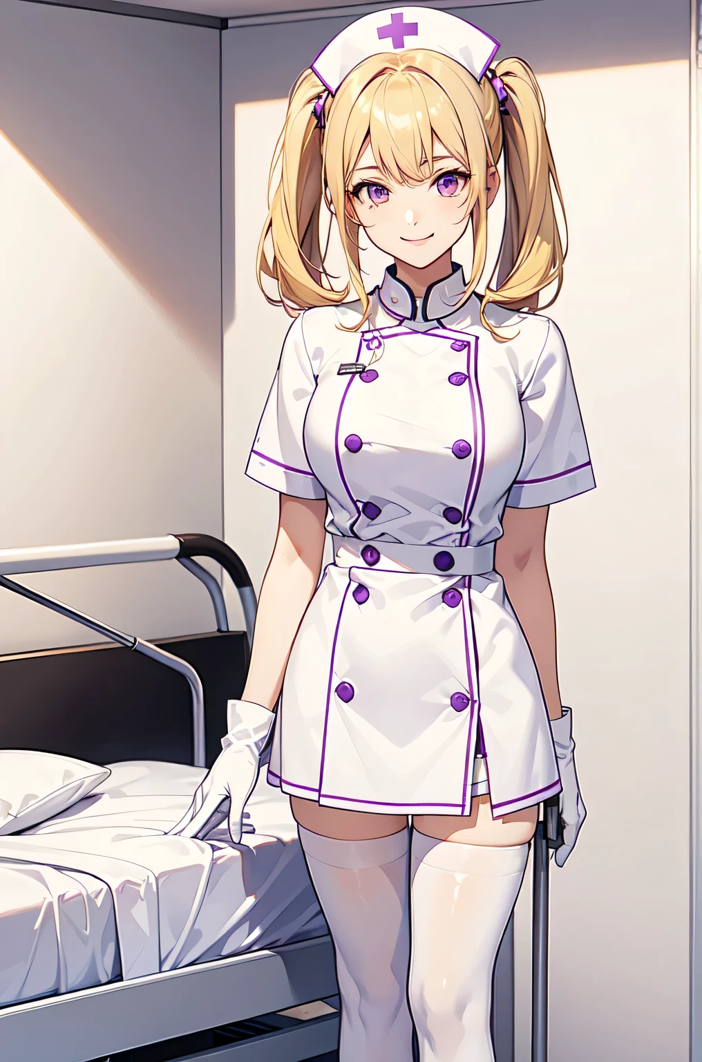 1girl, solo, nurse, nurse cap, white nurse uniform, ((white legwear, zettai ryouiki)), white gloves, twintails, yellow hair, purple eyes, smile, standing, ((hospital room)), sharp outline, short sleeves, best quality, masterpiece