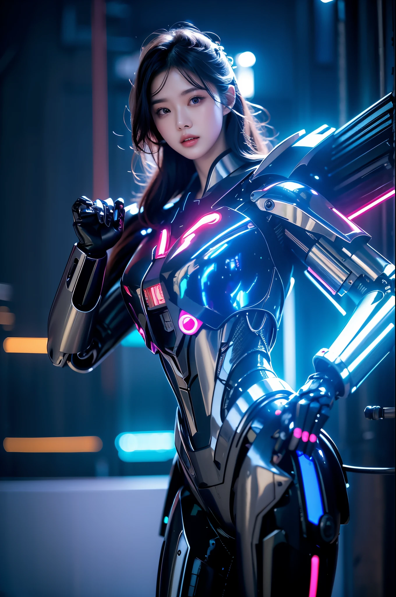 masterpiece, best quality,
1 Girl,Ives Girl,Mecha,Beautiful Lights,(Neon:1.2),(night:1.5),
