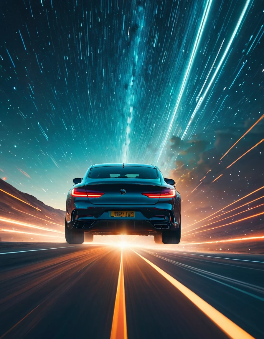 Motion Blur，Very detailed, high quality, masterpiece, fair, Motion trajectory, Motion trajectory, Magnificent futuristic universe starry sky，A car flies faster than the speed of light from the center of the screen，Car body afterimage,(Taillight afterimage:1.3), Dynamic light and shadow, Slight afterimage,author：Beeple Mike Winkelmann