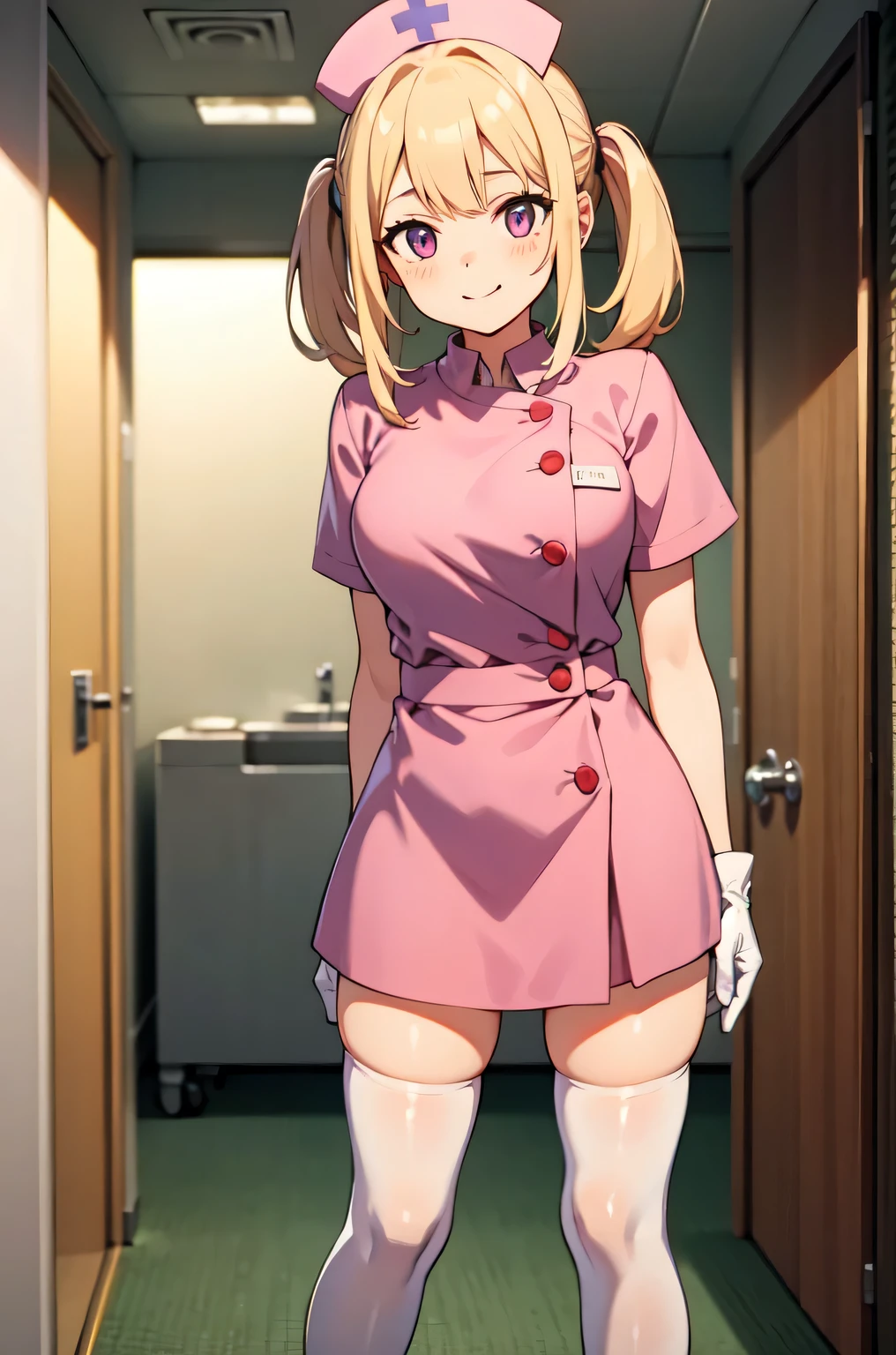 1girl, solo, nurse, nurse cap, white nurse uniform, ((white legwear, zettai ryouiki)), white gloves, twintails, yellow hair, purple eyes, smile, standing, ((hospital room)), sharp outline, short sleeves, best quality, masterpiece