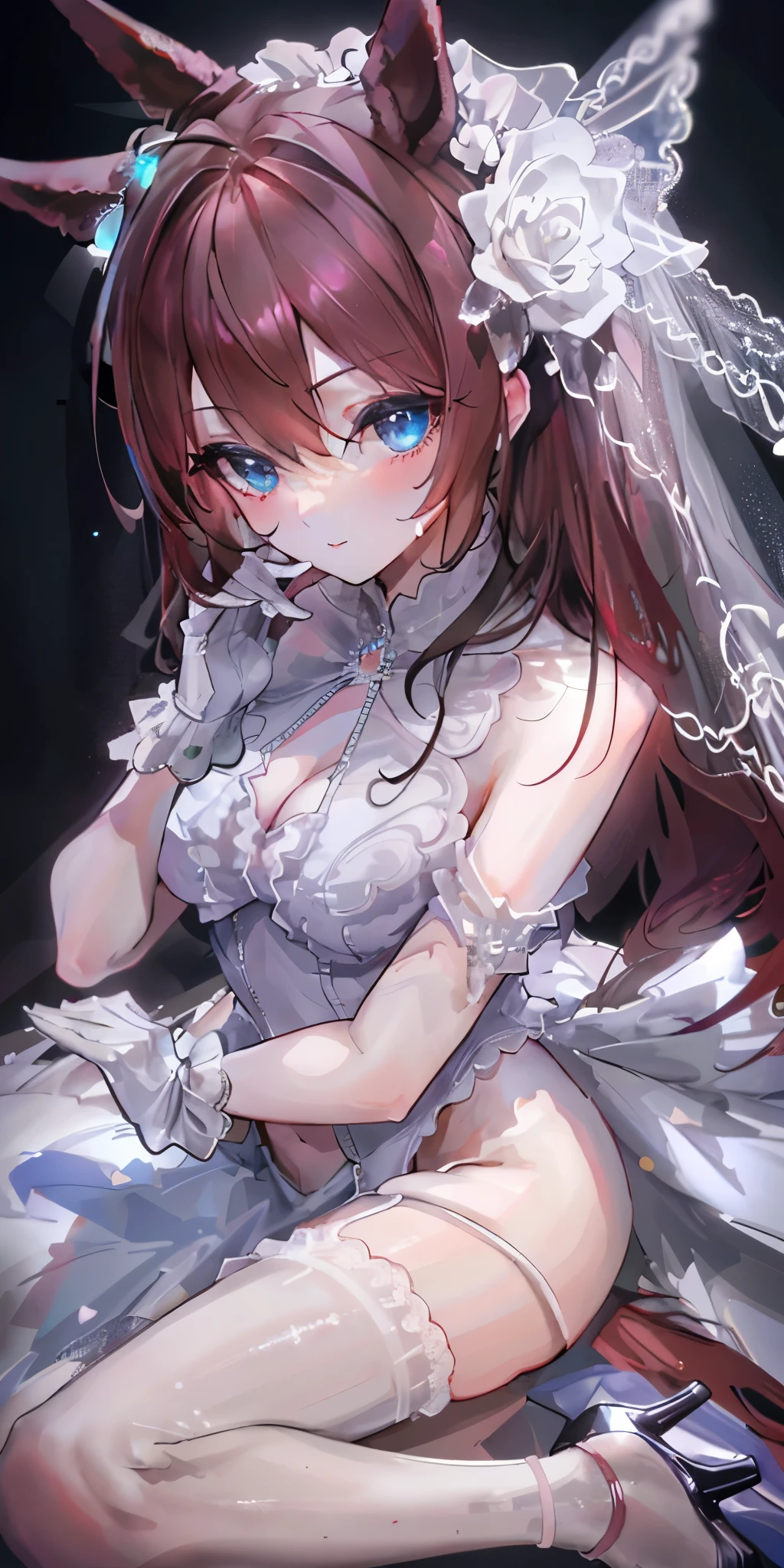 Ultra-fine face, masterpiece, best quality, Upper Body, Smile, Brown long hair,on stage, skirt, Ponytail,White Wedding Dress,Horse ears,Horse girl ears,Red roses decoration,(White Wedding Dress),Many red roses decoration,White Wedding Dress,White Wedding Dress,White hollow wedding dress,largest breasts, largest breasts, ,Show your belly button,Show your belly button,Healthy waist curve,Perfect body,Small waist,Perfect waist muscle lines,complexion,Gasping for air,Sweat珠,Sweat,White suspenders,Lace,((wedding dress)),Elbow-length white silk gloves,Elbow-length white silk gloves,(Thigh muscle details),(White suspenders),((Show your thighs)),((Beautiful thigh line details)),((White zona pellucida)),((White crystal high heels)),((White crystal high heels))