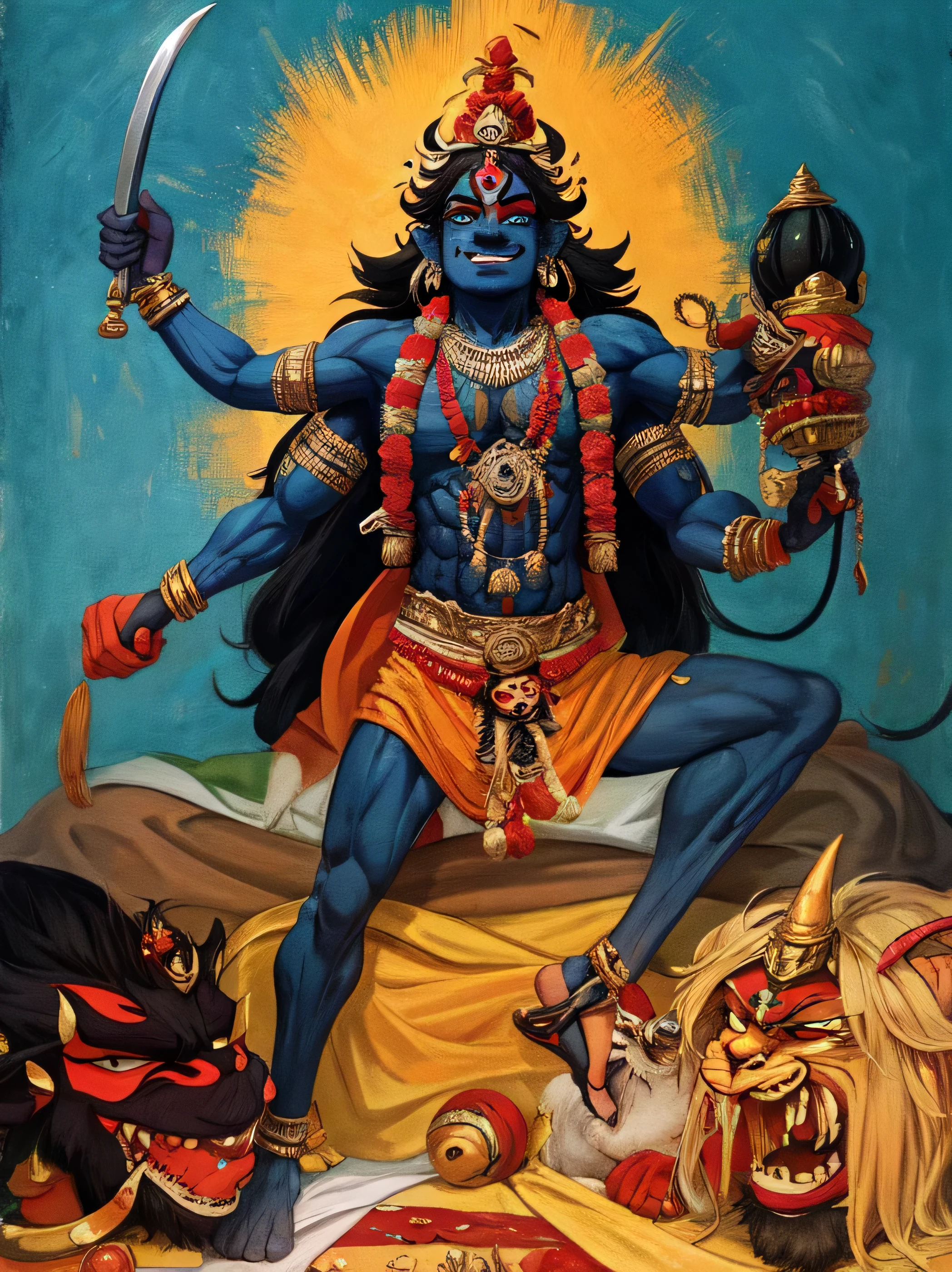 a painting of a man with a sword and a demon, kali, god shiva the destroyer, kalighat, kalighat highly detailed, narasimha, devouring happiness and souls, attractive male deity, hindu aesthetic, shiva, an exhausted deity, kalighat hanuman!! head building, hindu god, indian god, puṣkaracūḍa