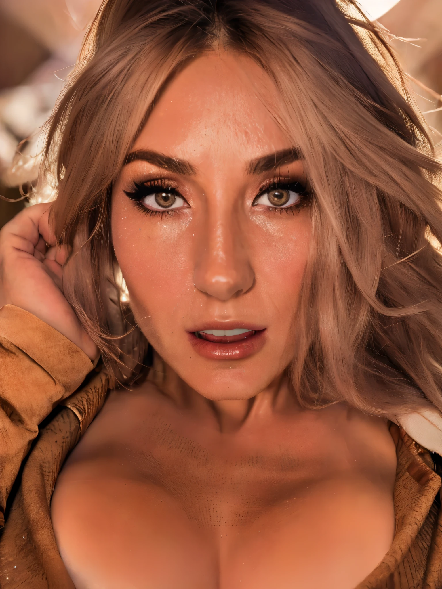 Masterpiece, best quality, high resolution, 32k HDR, (realistic picture of Jessica Nigri:1.35), ultra detailed face, hyper realistic texture, photorealistic, wearing long brown coat, turtleneck, (atmospheric lighting),shot on Arricam LT Camera, fully dressed, comfortably dressed