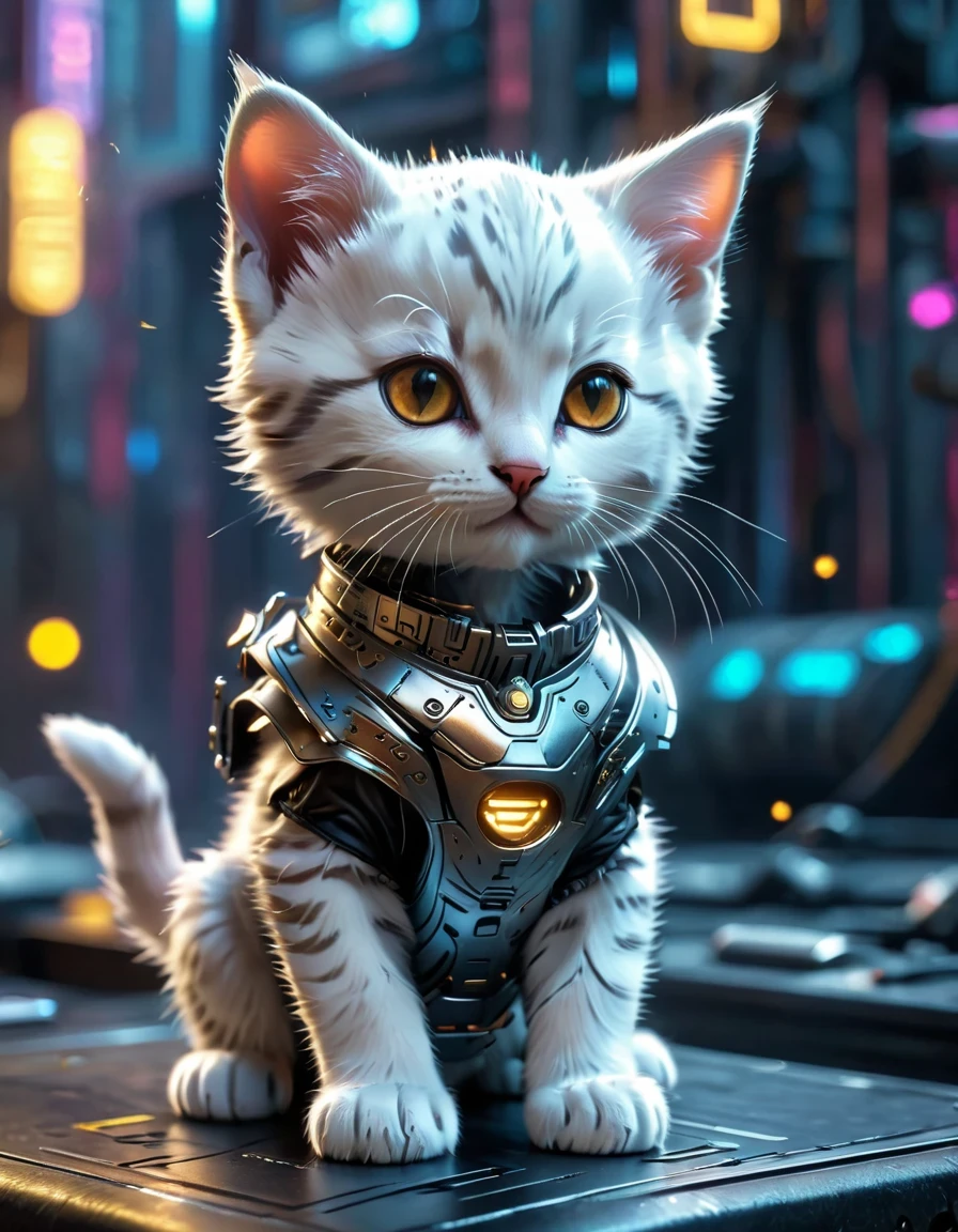 A cute kitten made of metal, , Cyberpunk style, ((Intricate details)), HDR, ((Intricate details, Ultra Detailed)), Movie Lenses, Vignette  