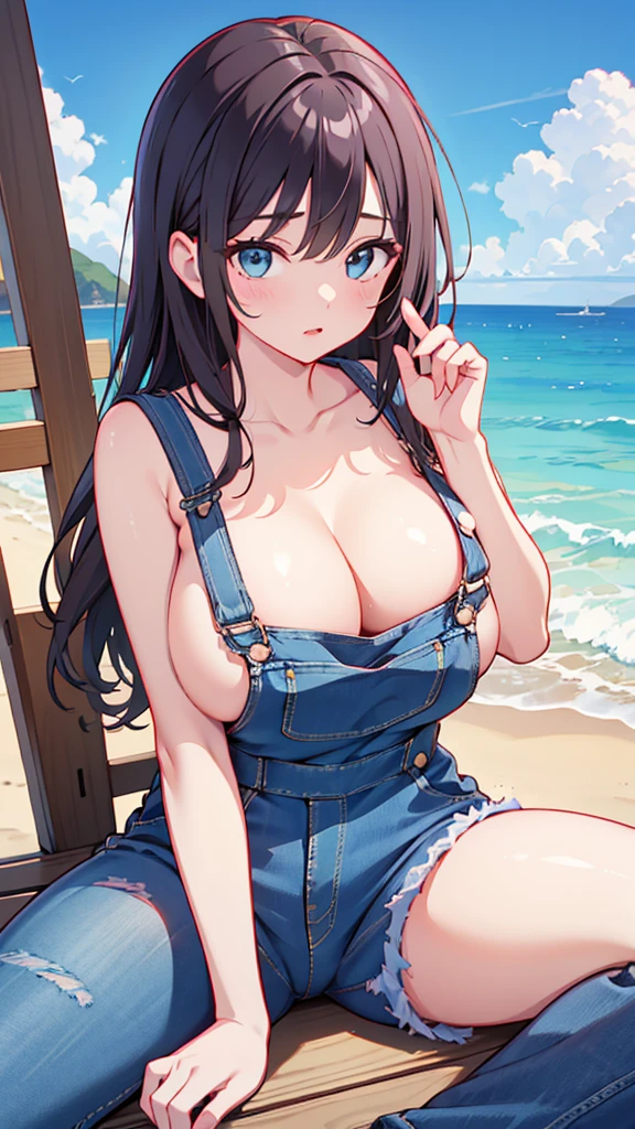 UHD, retina, masterpiece, ccurate, anatomically correct, textured skin, super detail, high details, high quality, award winning, best quality, highres, 1080P, HD, 4K, 8k, 16k、blue sea、Wide sky、Deep sandy beach、Cute Girls、(((denim overalls:1.2)))、Sunburn mark、Lay a sheet on the beach、Resting on the seat、Clearly defined pussy line:1.2、In heat, put your fingertips between your legs:1.5,((((big breasts))))、Beautiful pussy lines:1.5、