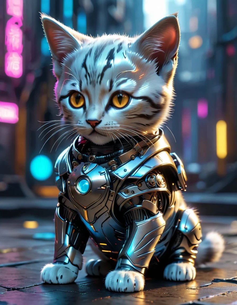 A cute kitten made of metal, , Cyberpunk style, ((Intricate details)), HDR, ((Intricate details, Ultra Detailed)), Movie Lenses, Vignette  