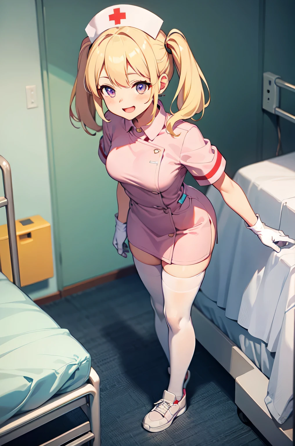 1woman, solo, nurse, white nurse cap, white nurse uniform, ((white legwear, zettai ryouiki)), white gloves, blonde hair, blue eyes, pink lips, smile, standing, ((hospital room)), sharp outline, short sleeves, mature female, 35 years old, best quality, masterpiece