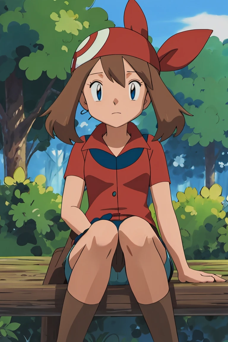 masutepiece, Best Quality, hight resolution, Outdoors, 1girl in, Solo, May (The pokemon), (((Brown hair))), bandana, (((sitting 1.2))) , (forrest:1.3), holding one leg 