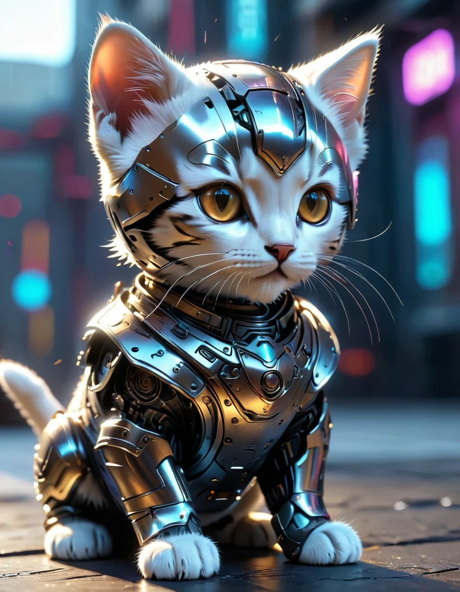 A cute kitten made of metal, , Cyberpunk style, ((Intricate details)), HDR, ((Intricate details, Ultra Detailed)), Movie Lenses, Vignette  