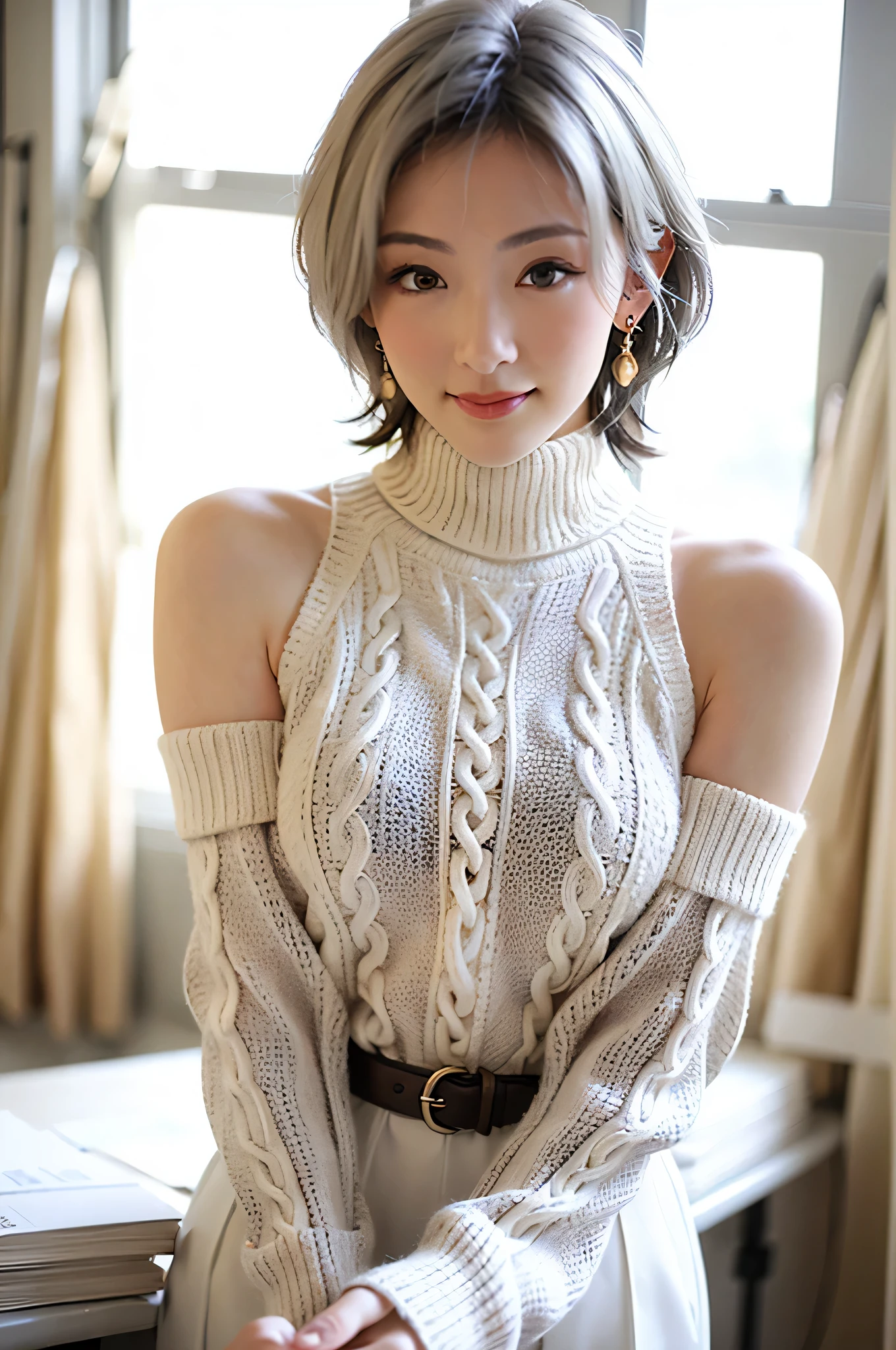 (red lips:1.4), full body, (turtleneck cable knit oversize sweater dress:1.5), , 1girl,solo,
(8k, RAW photo, best quality, masterpiece:1.3),(realistic, photo-realistic:1.37),realistic skin texture,(photorealistic:1.3),(hyperrealistic:1.2), (short hair:1.4) , seducting pose, (white colored clothes:1.7), (white hair:1.7), (seducting smile:1.4), (detached sleeves:1.4), (cheek dimples:1.4), (narrow shoulders:1.7), earrings, golden necklace, 