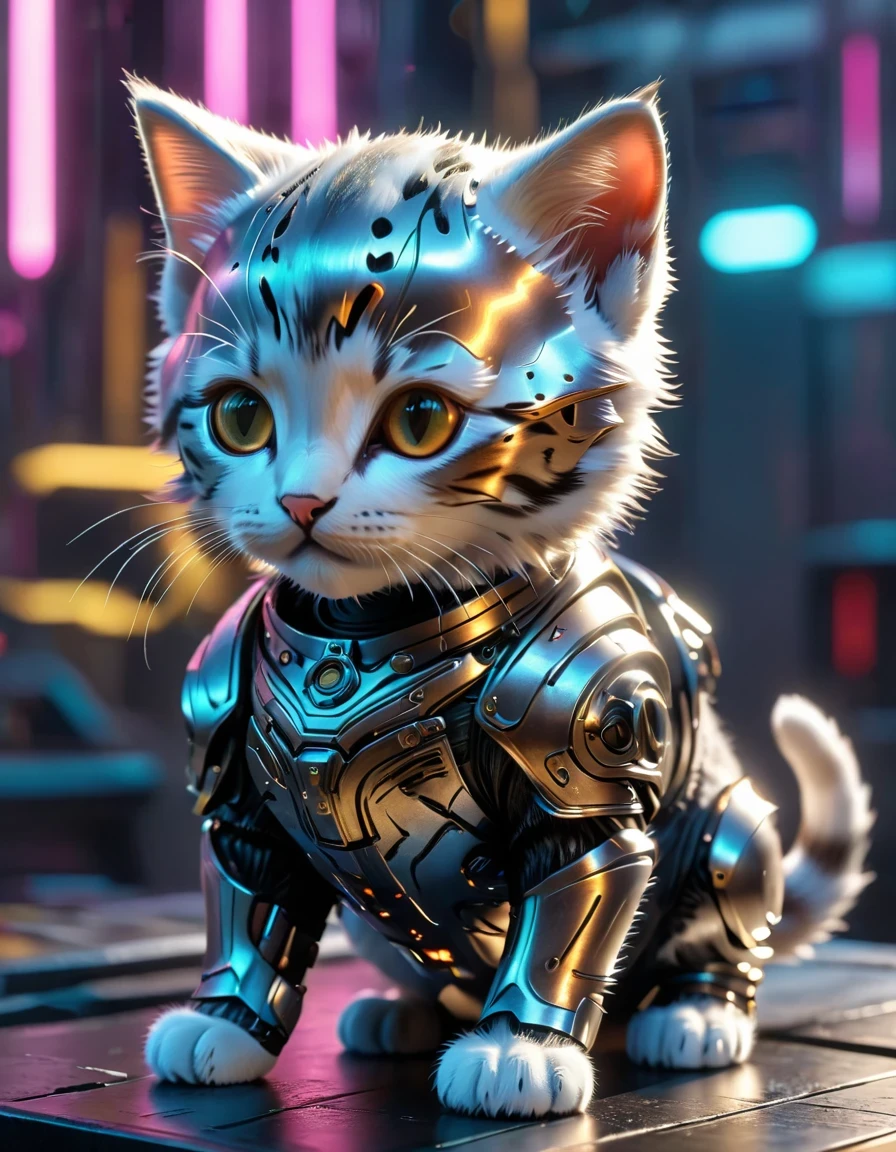 A cute kitten made of metal, , Cyberpunk style, ((Intricate details)), HDR, ((Intricate details, Ultra Detailed)), Movie Lenses, Vignette  