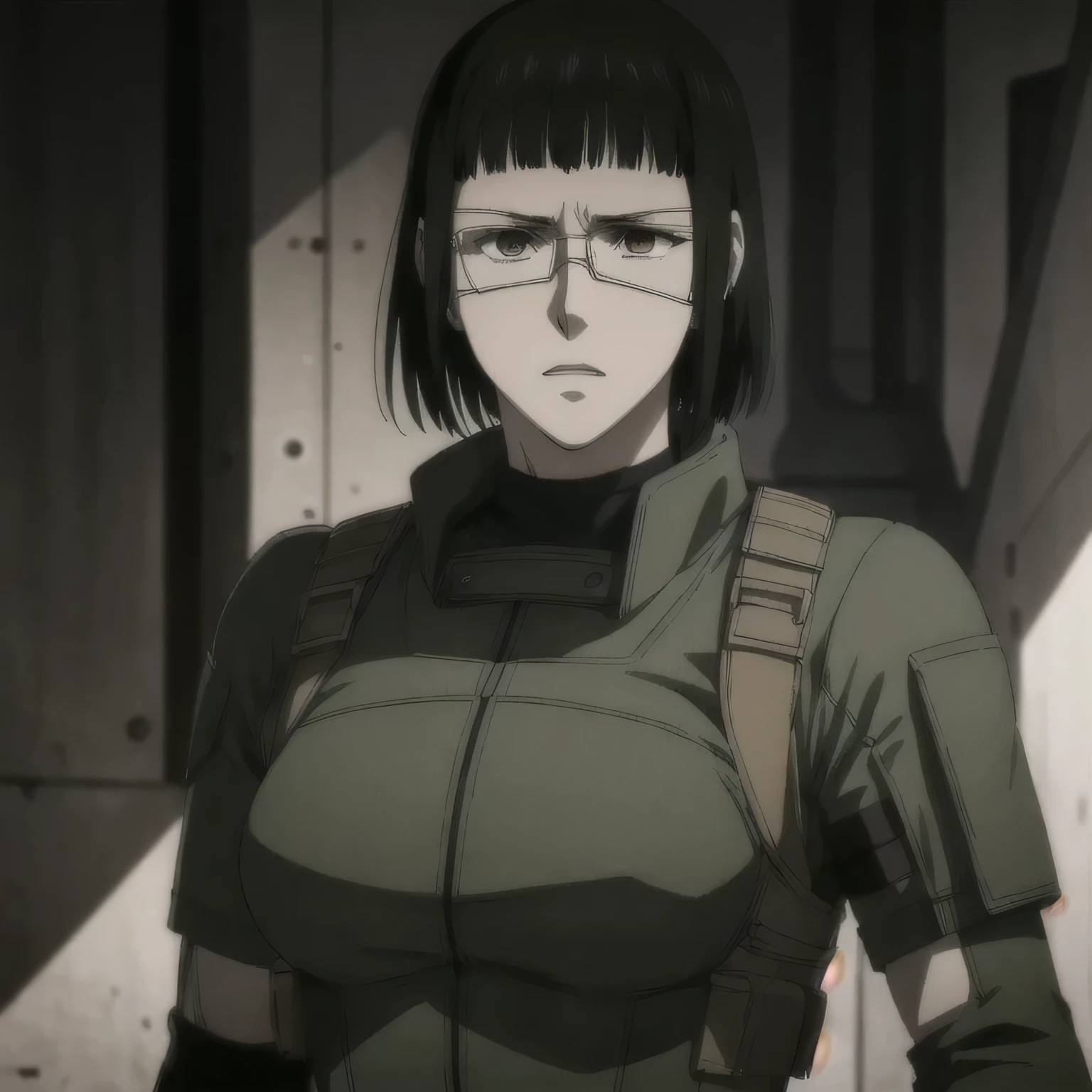 (best quality,ultra-detailed,realistic:1.37),musclaur badass girl wearing US army suits, full review of the female character's face and body, intense expression, strong and confident posture, studio lighting, vivid colors, physiologically-based rendering, grungy texture, rugged background, dust particles in the air, commanding presence, professional, powerful, gritty aesthetics,,Valmet،short hair,