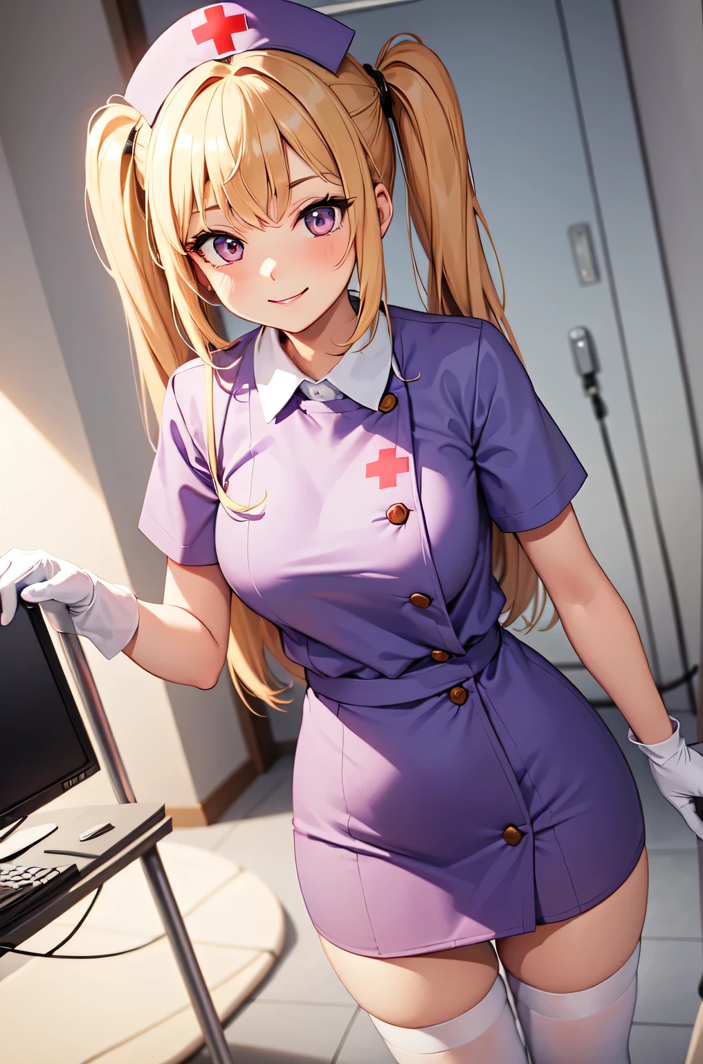 1girl, solo, nurse, nurse cap, white nurse uniform, ((white legwear, zettai ryouiki)), white gloves, twintails, yellow hair, purple eyes, smile, standing, ((hospital room)), sharp outline, short sleeves, best quality, masterpiece