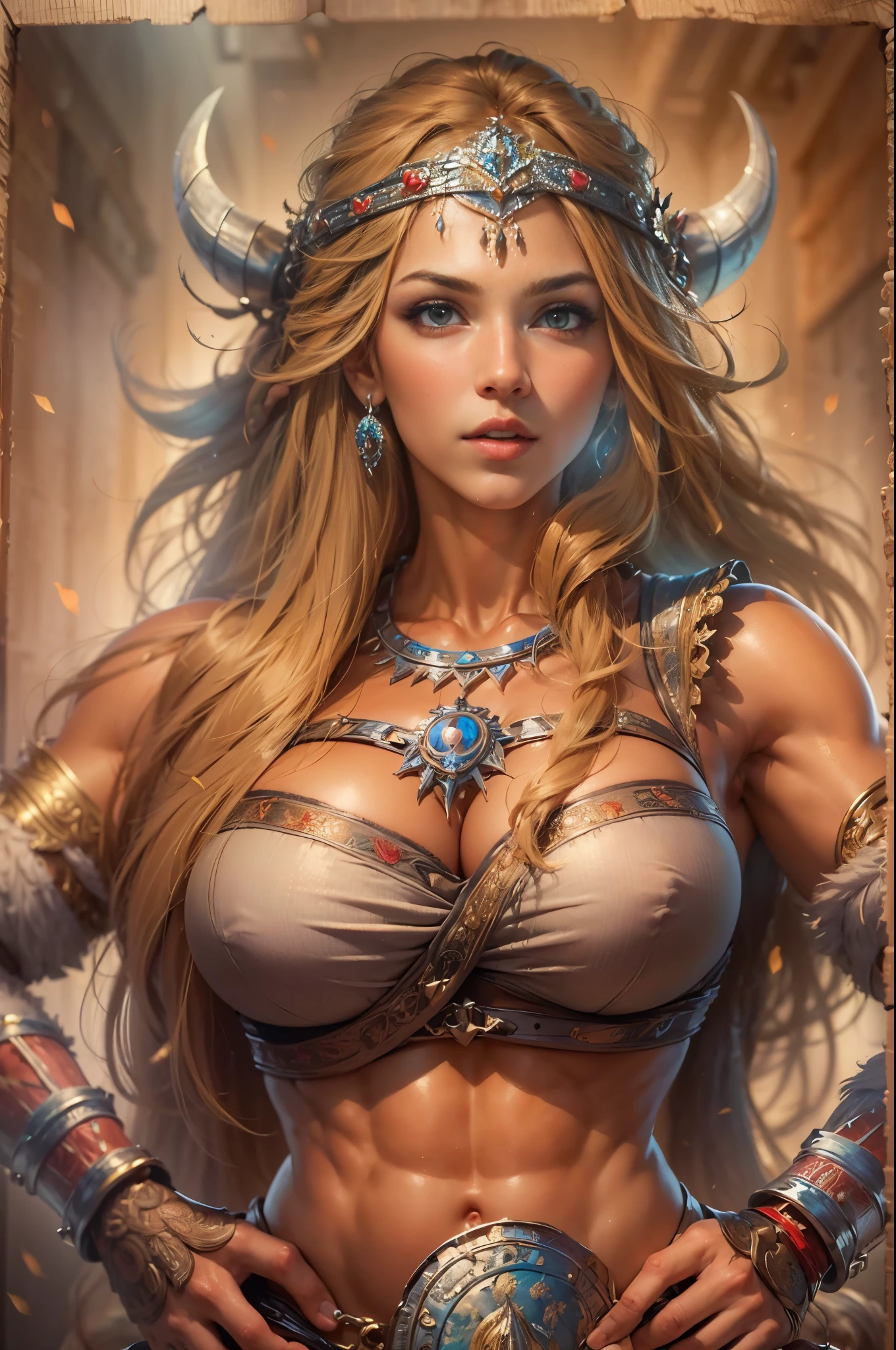 (masterpiece, ultra detailed: 2), (Best quality: 2), (Beautiful woman: 2), (Beautiful face: 2), viking warrior woman, big muscles, very large breasts, very sexy