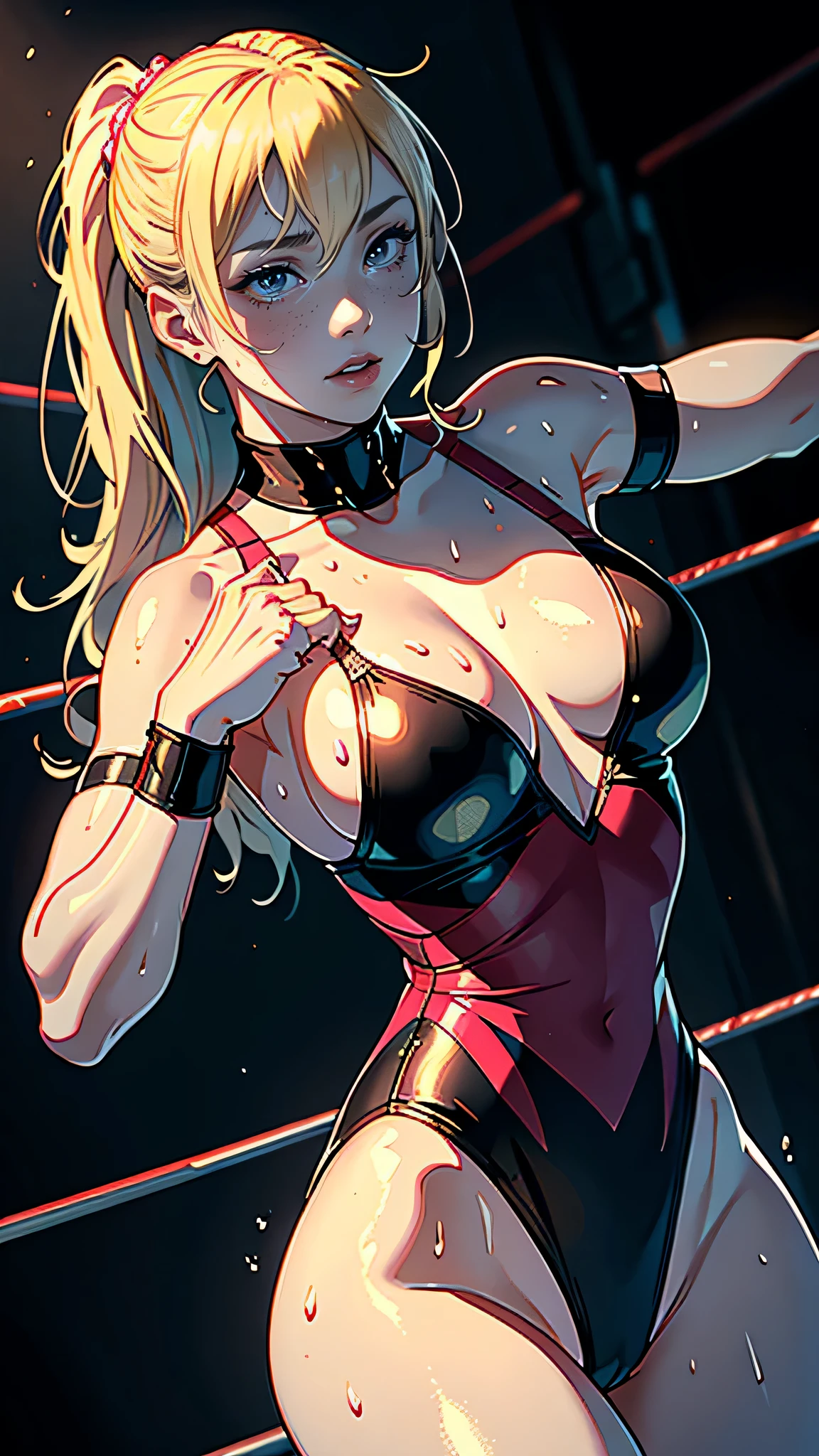 masterpiece, highest quality, (Highly detailed CG Unity 8k wallpaper), (highest quality), (Best illustrations), (Best Shadow), Confused, Realistic lighting, (abyss), Beautiful and delicate shine,victory,Random Pause,((Bare skin wet with sweat,Female professional wrestler)),Cute freckles on the cheeks,Mole under left eye,Cowboy Shot,Hair wet with sweat,A leotard-type wrestling costume with gorgeous decorations,pain,suffering,ring,Plump,Villain wrestler,A blonde-haired female wrestler and a pink-haired female wrestler are grappling,