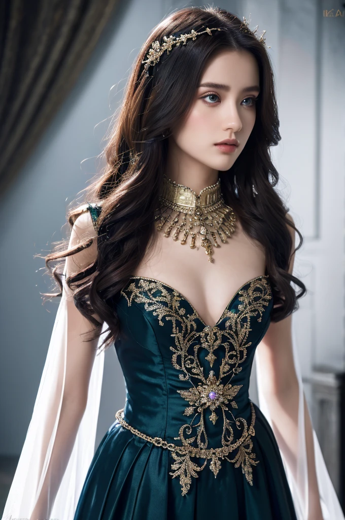 ( masterpiece, top quality, best quality,8k, girl,ultra detailed,raw photo:1.5),(photorealistic:1.4),(cinematic lighting), PerfectNwsjMajic, , Surrealism, UHD, ccurate, Super detail, textured skin, High detail, Best quality, dynamic angle, (high nose,White skin),[Beautiful blue eyes],[flat chest:large breasts:0.5],(1girl),(good anatomy:0.5)),a woman in a dress with a sword, a beautiful fantasy empress, ((a beautiful fantasy empress)), beautiful fantasy maiden