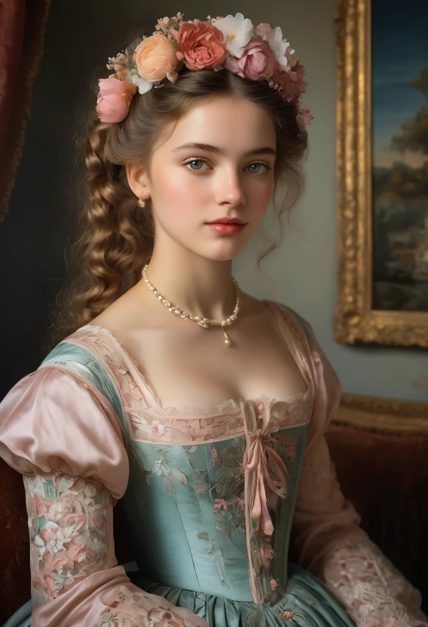 Portrait of a Beautiful 16-year-old German Girl in 19th Century Munich
medium: oil painting
beautiful detailed eyes, beautiful detailed lips, extremely detailed eyes and face, long eyelashes
chestnut brown hair in elaborate curls, styled with a delicate floral hair accessory
elegant and ornate dress in vibrant colors, adorned with delicate lace and embroidery
perfectly manicured hands holding a bouquet of fresh flowers
soft and glowing skin, with a healthy rosy complexion
subtle expression of youthful innocence and curiosity in her eyes
graceful posture and gentle smile, radiating timeless charm
faint sunlight gently filtering through a window, casting a warm glow on her face
impeccable attention to lighting and shading, emphasizing the girl's natural beauty
rich and vibrant color palette, capturing the elegance and opulence of 19th century Munich
subtle brushstrokes and fine details, showcasing the artist's skill and mastery of the medium
(masterpiece:1.2), ultra-detailed, (photorealistic:1.37), HDR, UHD, professional
classic portrait style, reminiscent of the great masters of the era
overall warm and inviting atmosphere, transporting the viewer to a bygone era