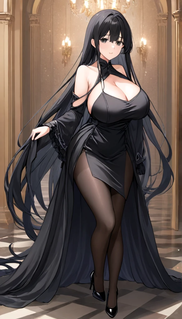 masterpiece,high quality,1girl,solo,long hair,breasts,looking at viewer,large breasts,black hair,dress,holding,bare shoulders,very long hair,full body,pantyhose,detached sleeves,black footwear,black dress,high heels,black pantyhose,bodystocking,eye_contact,