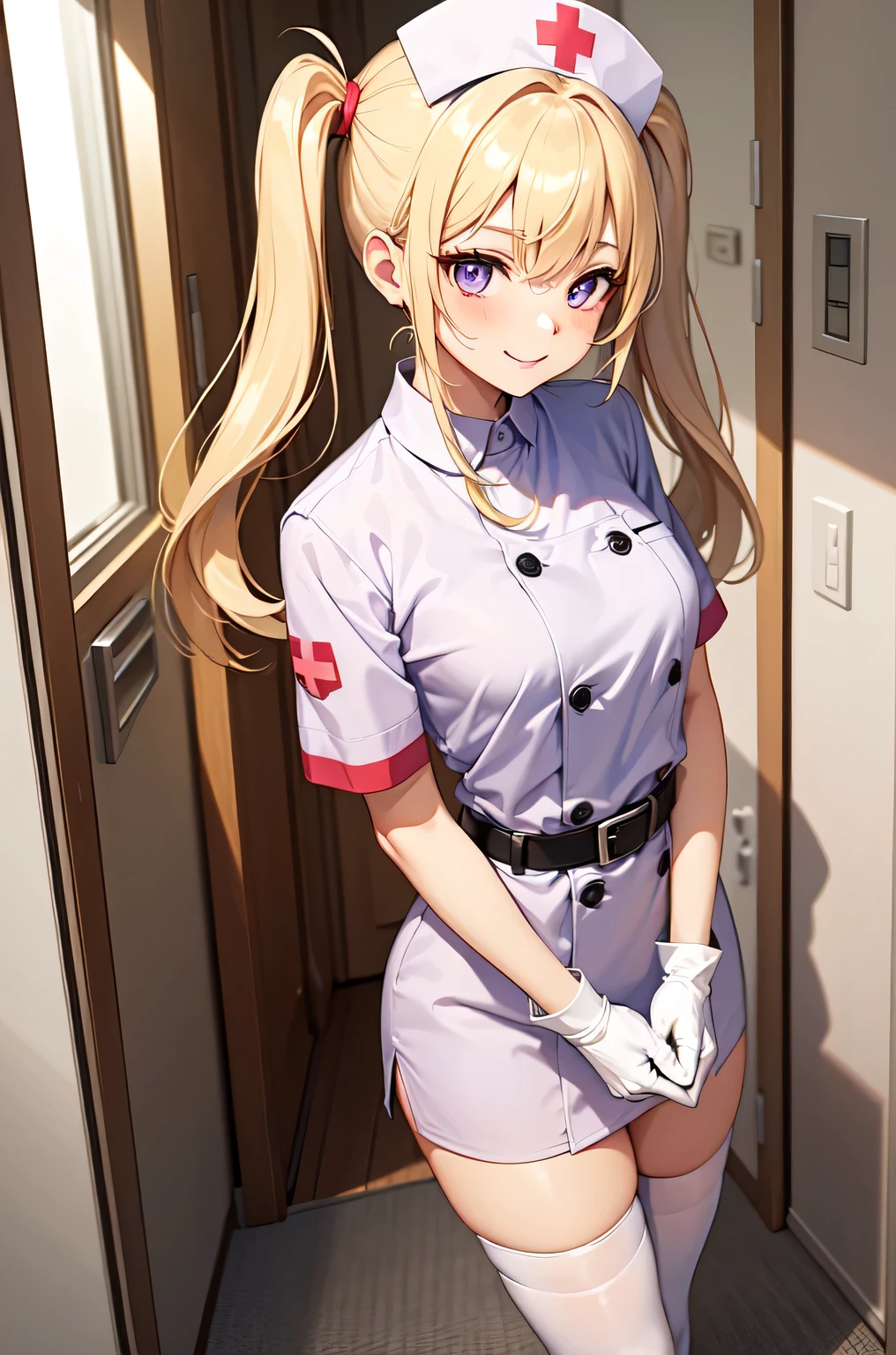 1girl, solo, nurse, nurse cap, white nurse uniform, ((white legwear, zettai ryouiki)), white gloves, twintails, yellow hair, purple eyes, smile, standing, ((hospital room)), sharp outline, short sleeves, best quality, masterpiece