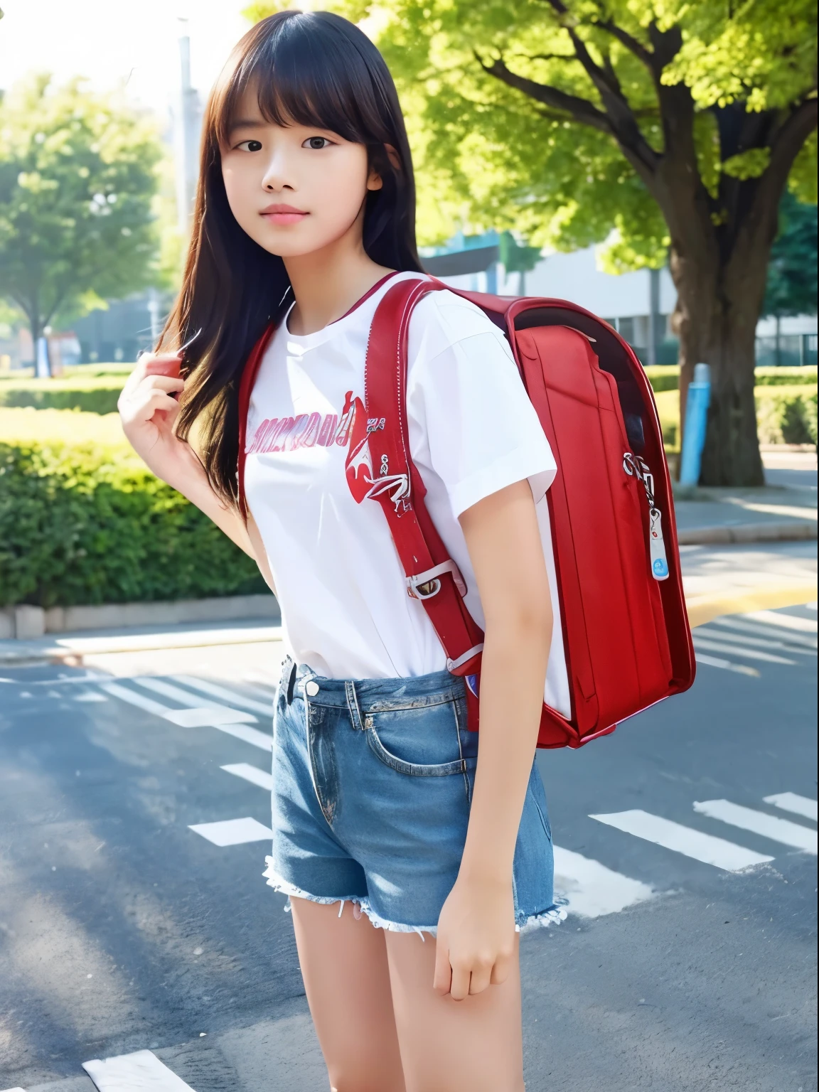 Masterpiece, realistic, hd, 1 girl, blonde hair, y.o, wear white shirt, short sleeves, wear denim minipants, wear sneakers, wear long socks, standing, fullbody, wearing randoseru backpack, (randoseru backpack:1.1), daytime, sunlight, park, side view photo