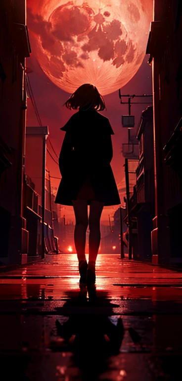 Blonde woman，Long coat，mini skirt，Rear View，silhouette，Red Moon，Red Night，