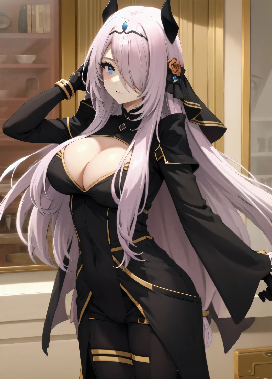 victoria horns, tiara, veil, black bodysuit, shoulder armor, long sleeves, cleavage cutout, black gloves, black overskirt, black pants