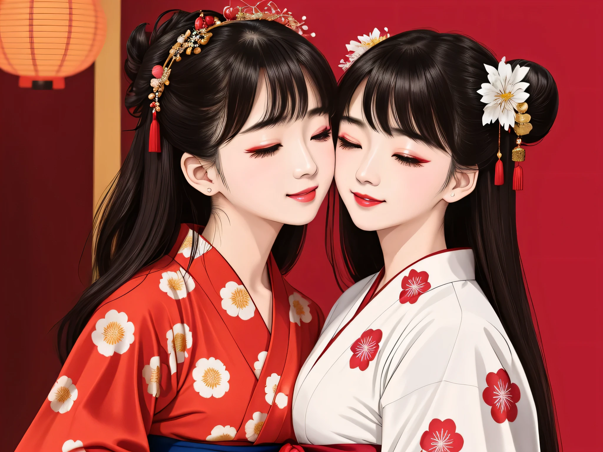 Each has a different expression２People and sisters、(２ girls）、｟Dancing traditional performing arts gracefully)、((Big Breasts、Small Face、Not exposed))、highest quality、masterpiece、（Black Hair、Bun Hair）、Brown Eyes、｟Wide angle、Angle from above, from the waist up、Pause on the magazine cover、Each person has a different perspective when looking into the distance｠、(８K high quality、masterpiece、High resolution、Realistic and beautiful light and shadow、(highest quality)、(High Resolution)、(Very delicate and beautiful)、(Beautiful 8k face)、(Smiling and closing your eyes、Beautiful eyes)、(Clear skin)、(Soft hair)、(８Head to Body)、(A Japanese style yukata kimono with red, pink and orange floral patterns on a white background, interspersed with gold powder、wearing a yukata２Japanese beautiful girl)、((Tanabata decoration background))、((Small Face))、(arms up)、Thin and small nose、（Red lipstick）、（Make your cheeks red）、（Glossy skin）、((Ink painting style))、Very thin eyebrows、Overall ultra-high image quality、（She is wearing maiko-style makeup.）、Whitening、Long and beautiful eyelashes、Glowing Skin、（Red cheeks）,Straight nose、masterpiece、highest quality、whole body、 Eyebrows visible through hair、Bun Hair、Grin、Gal、Kogal、Viewer&#39;s Eyes、Plaid、Stylish、woman、fine、Pause、
Waiting to start 
